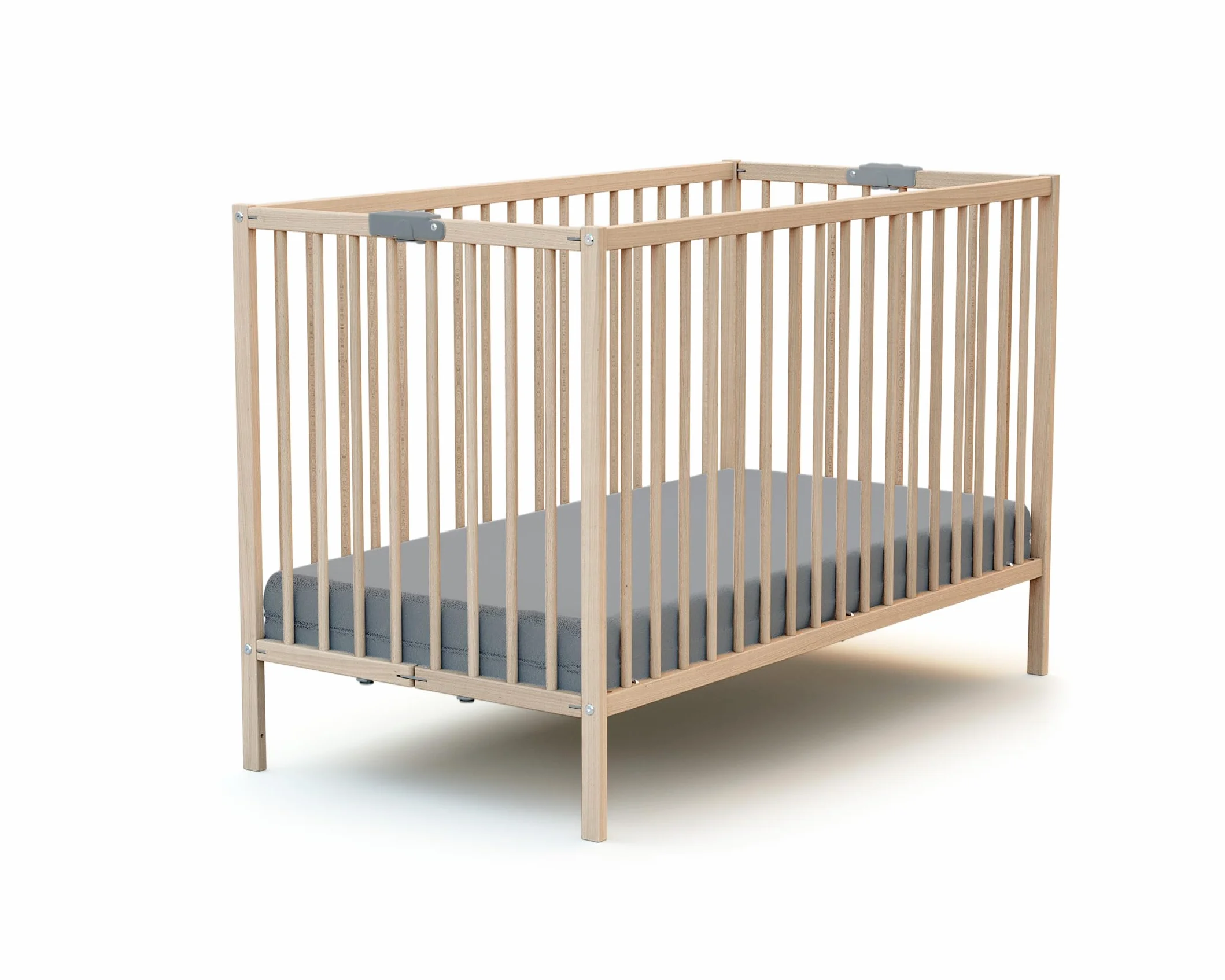 Lit bébé Pliant en Bois Massif Hêtre Brut 60x120cm Sommier à Lattes Dès la Naissance