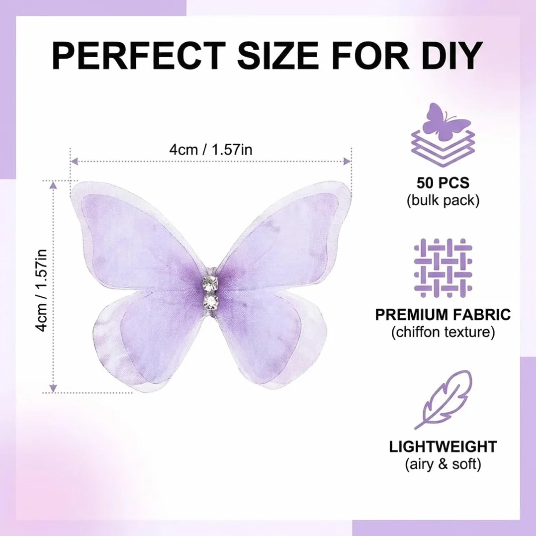 50 Pièces Papillons en Tissu Organza et Chiffon Translucide DIY Scrapbooking Stickers Muraux