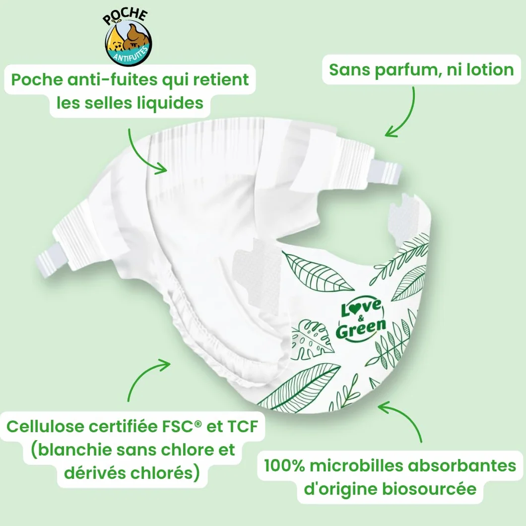 Love & Green Couches Bébé Taille 2 (3-6 kg) 36 couches Absorbante anti-fuites