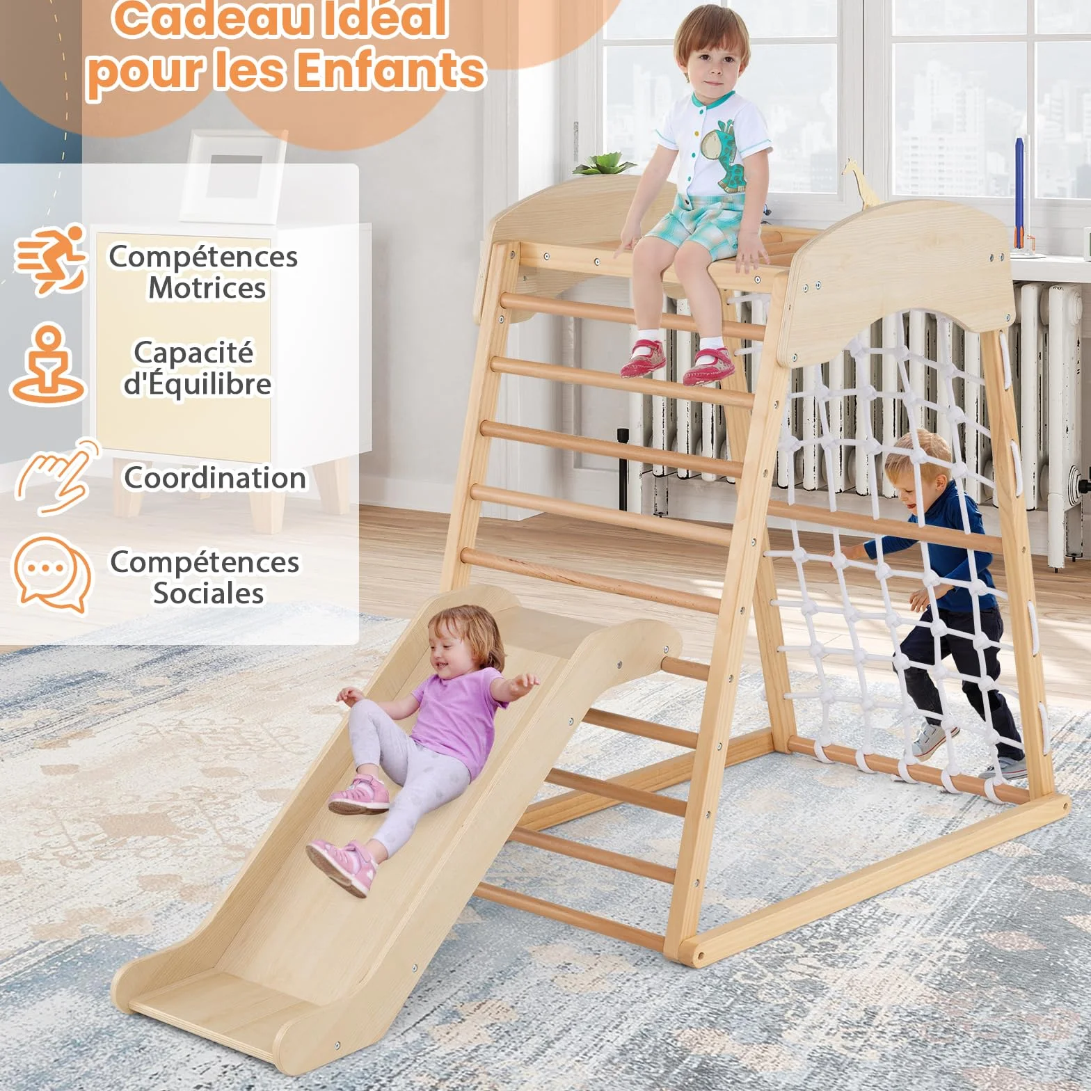 GOPLUS Triangle d'Escalade Montessori 4 en 1 avec Toboggan et Filet, Charge 50KG pour Enfants 1 an+