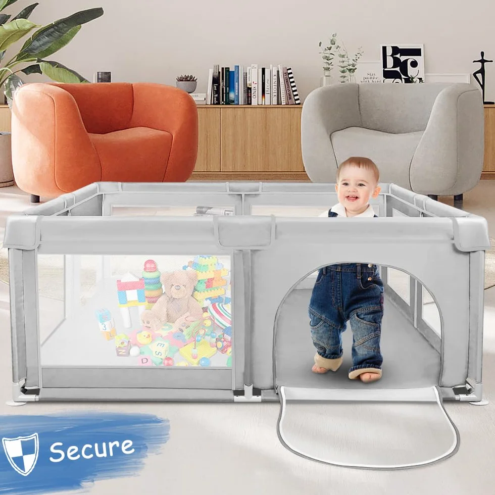 Parc Bébé avec 4 Ventouses et Porte Zippée, Clôture Bébé Tissu Oxford Gris clair 120x120x66cm