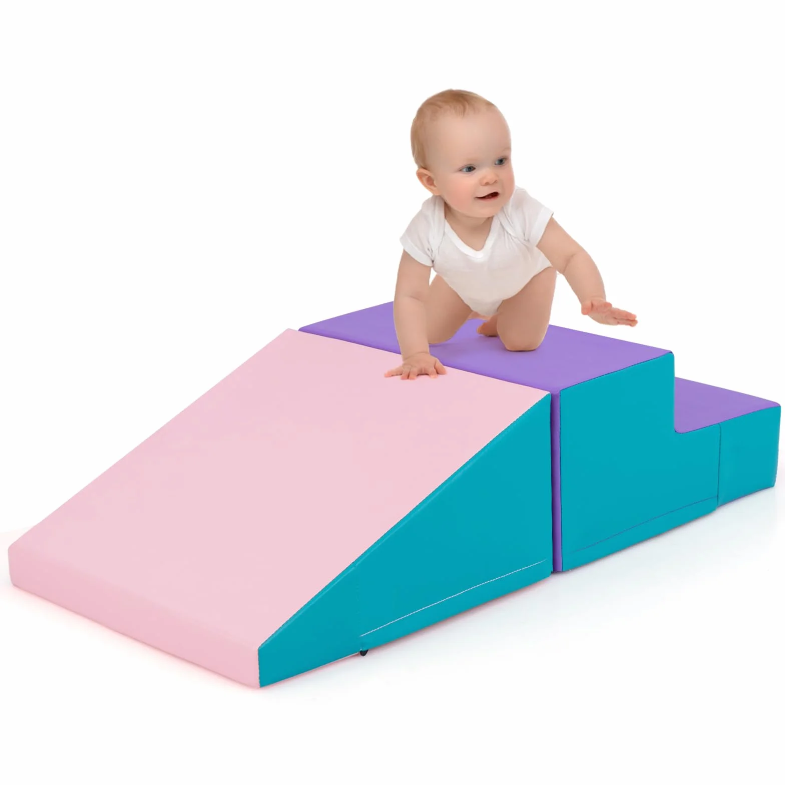 COSTWAY Parcours Motricité Bébé en Mousse avec Housse Amovible en PU, Module avec Marche & Toboggan, Jouets Éducatifs pour Ramper Grimper Enfant
