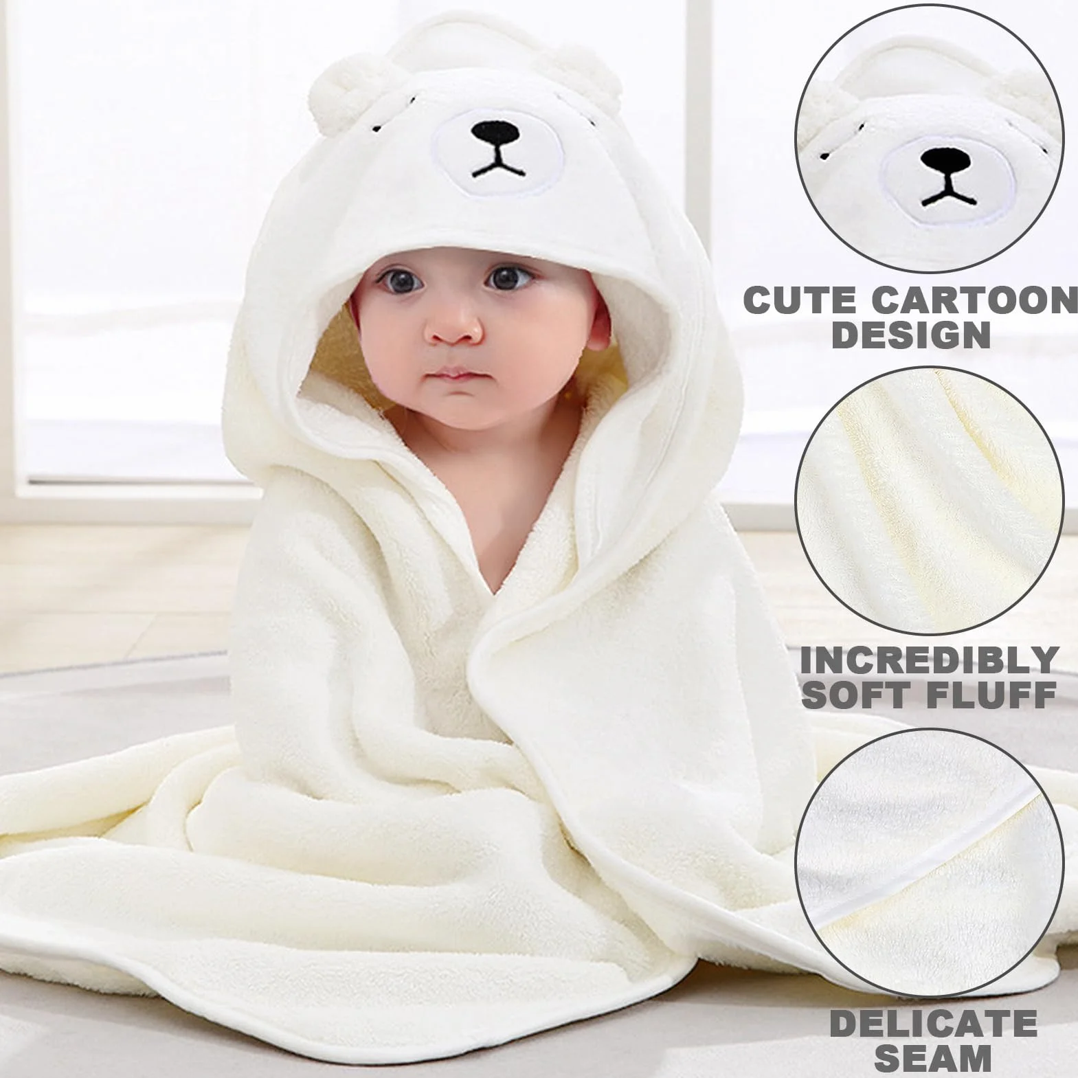 Serviette de bain à capuche pour bébé 80 x 80 cm polaire corail blanc