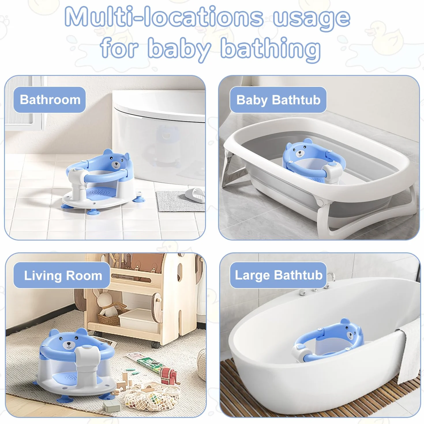 Siège de Bain Bébé 6 Mois Antidérapant 4 Ventouses Coussin Bleu