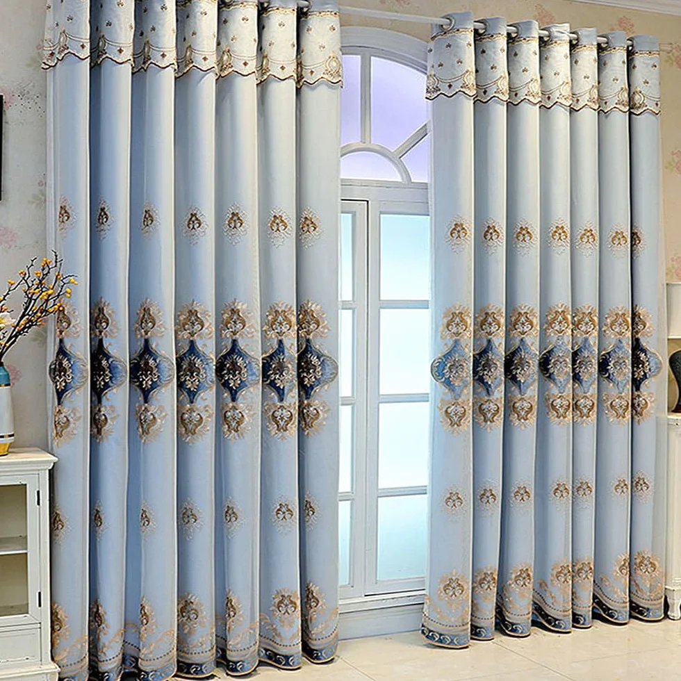 Rideaux occultants double couche dentelle brodés 167x213 cm bleu
