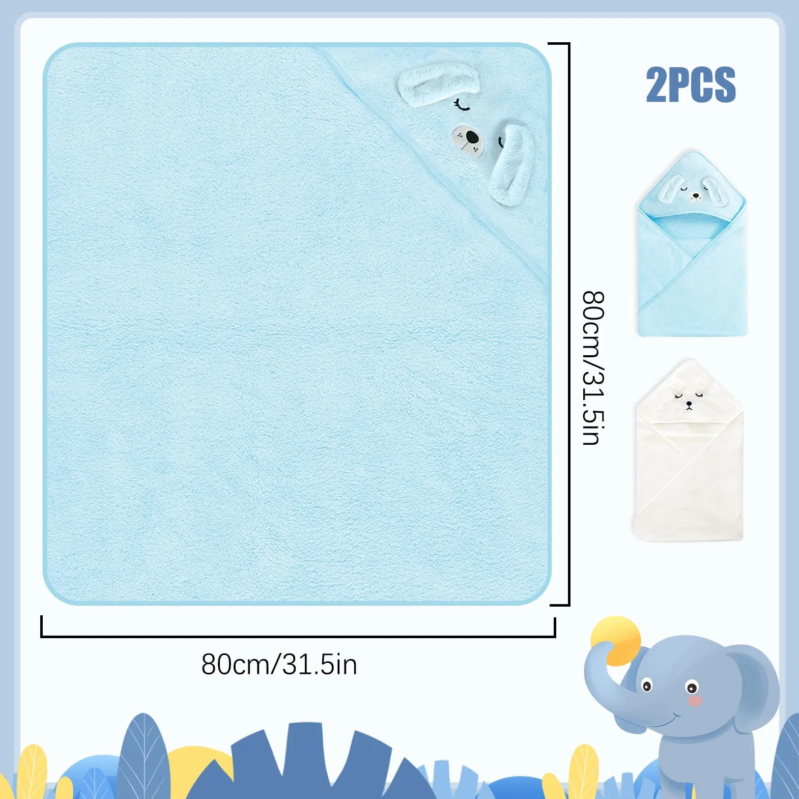 Serviette de Bain Capuche Bébé 80 x 80 cm Bleu et Blanc Design Animal