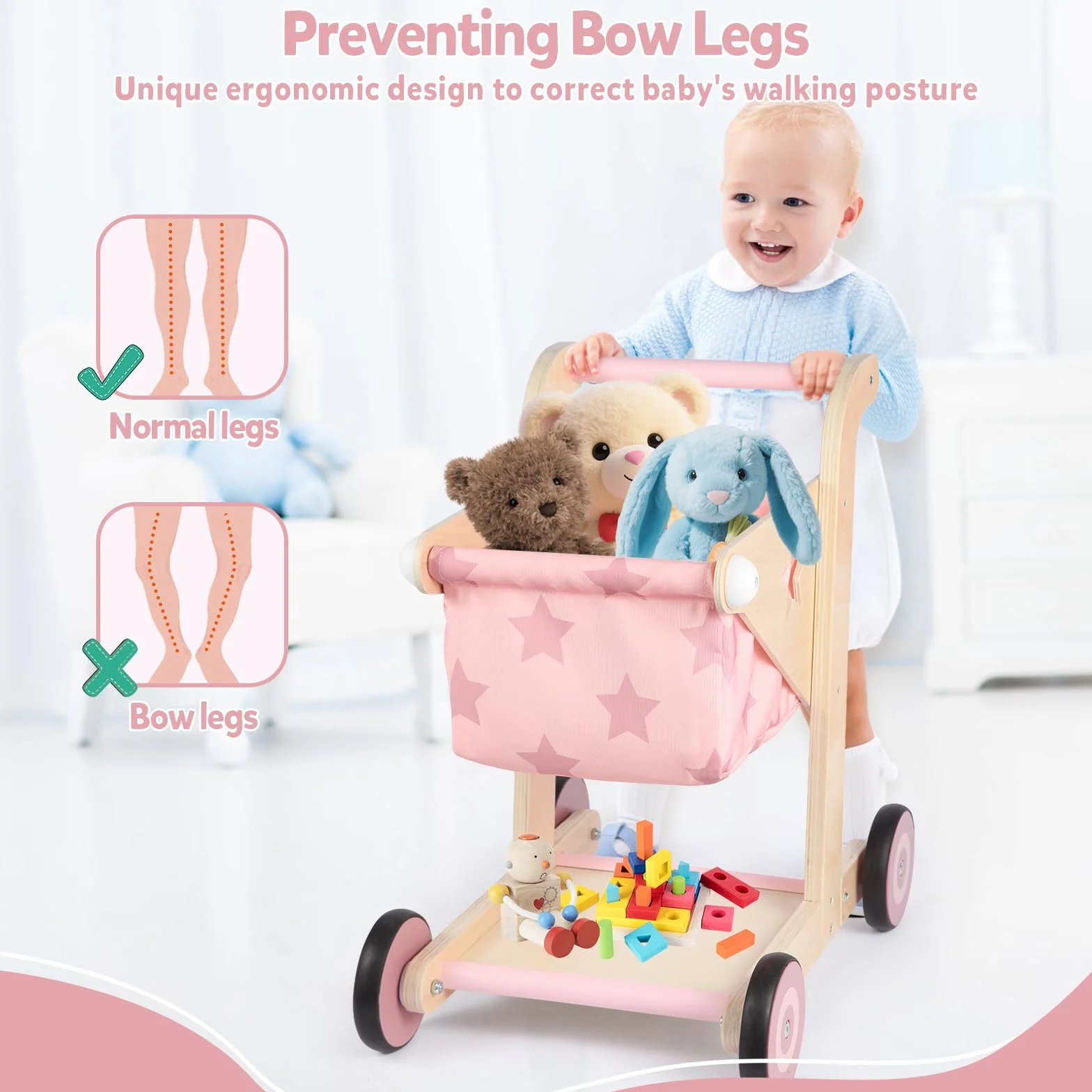 Asweets Trotteur en Bois 2 en 1 pour Bébé, Poussette Poupée et Chariot de Courses, Jouet Assis-Debout (Rose)