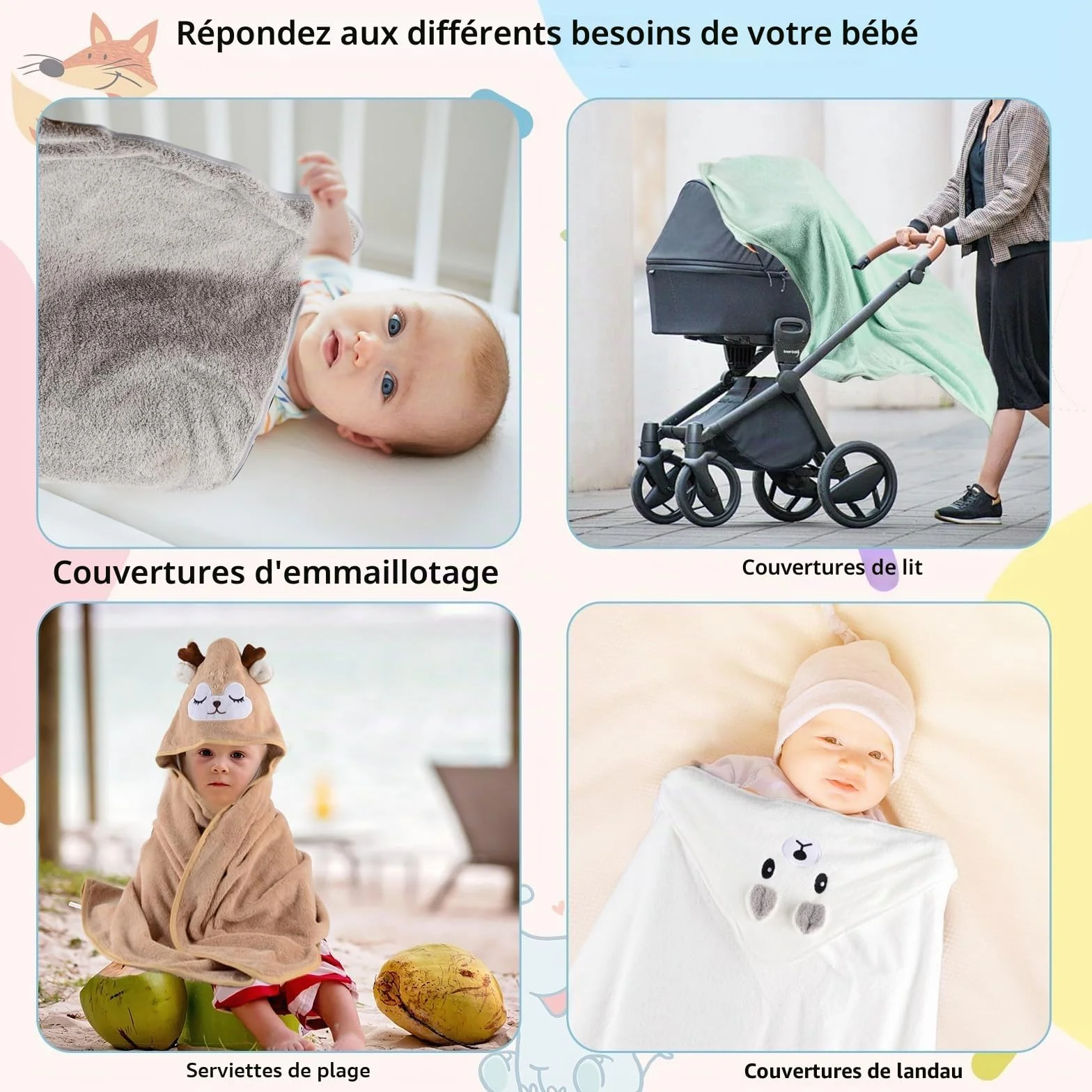 Cape de Bain Bébé 4 Pièces Serviette à Capuche Super Absorbante