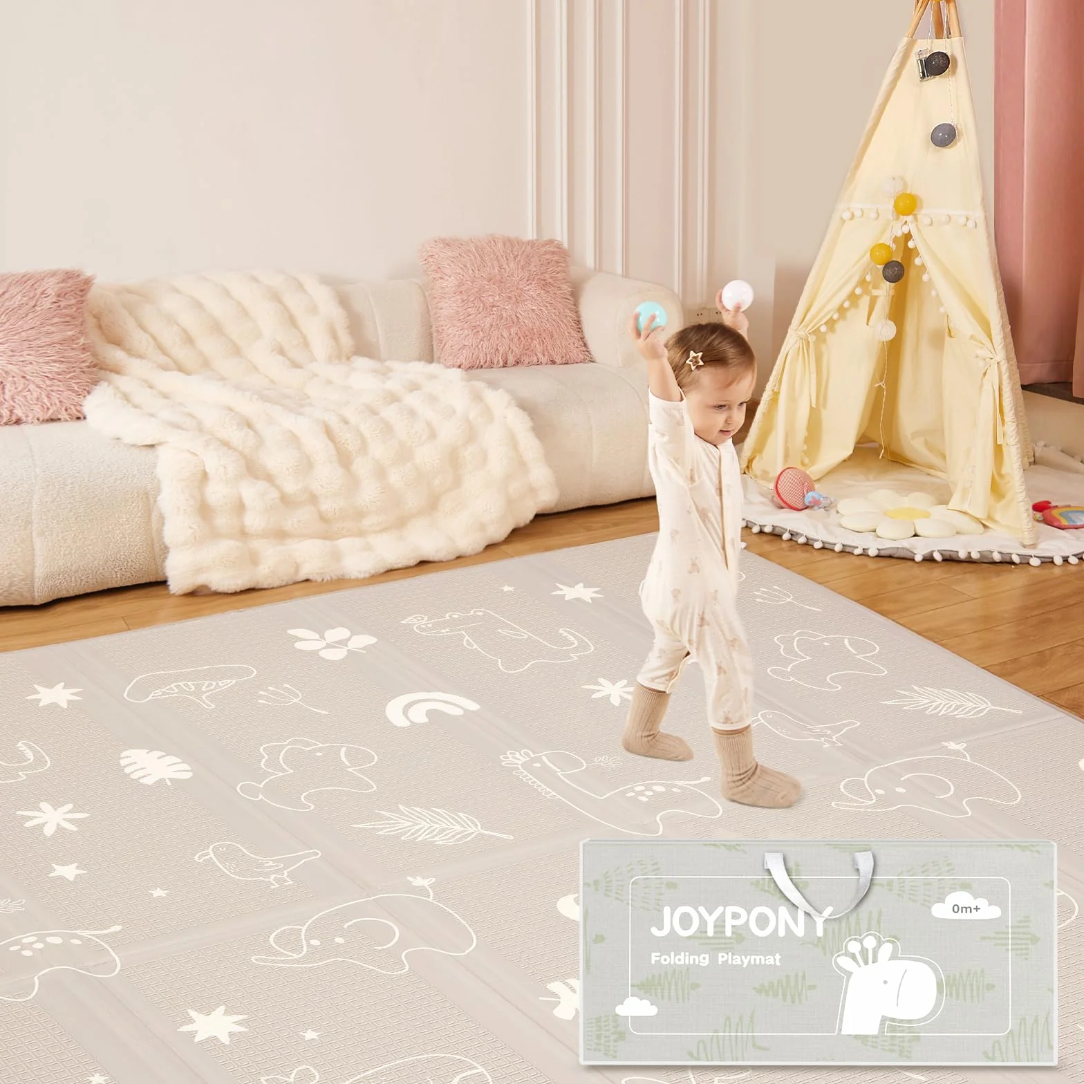 Tapis d'Éveil Bébé Pliable 120x120cm Joypony Mousse XPE Épais Imperméable Antidérapant Double Face Alphabet Forêt