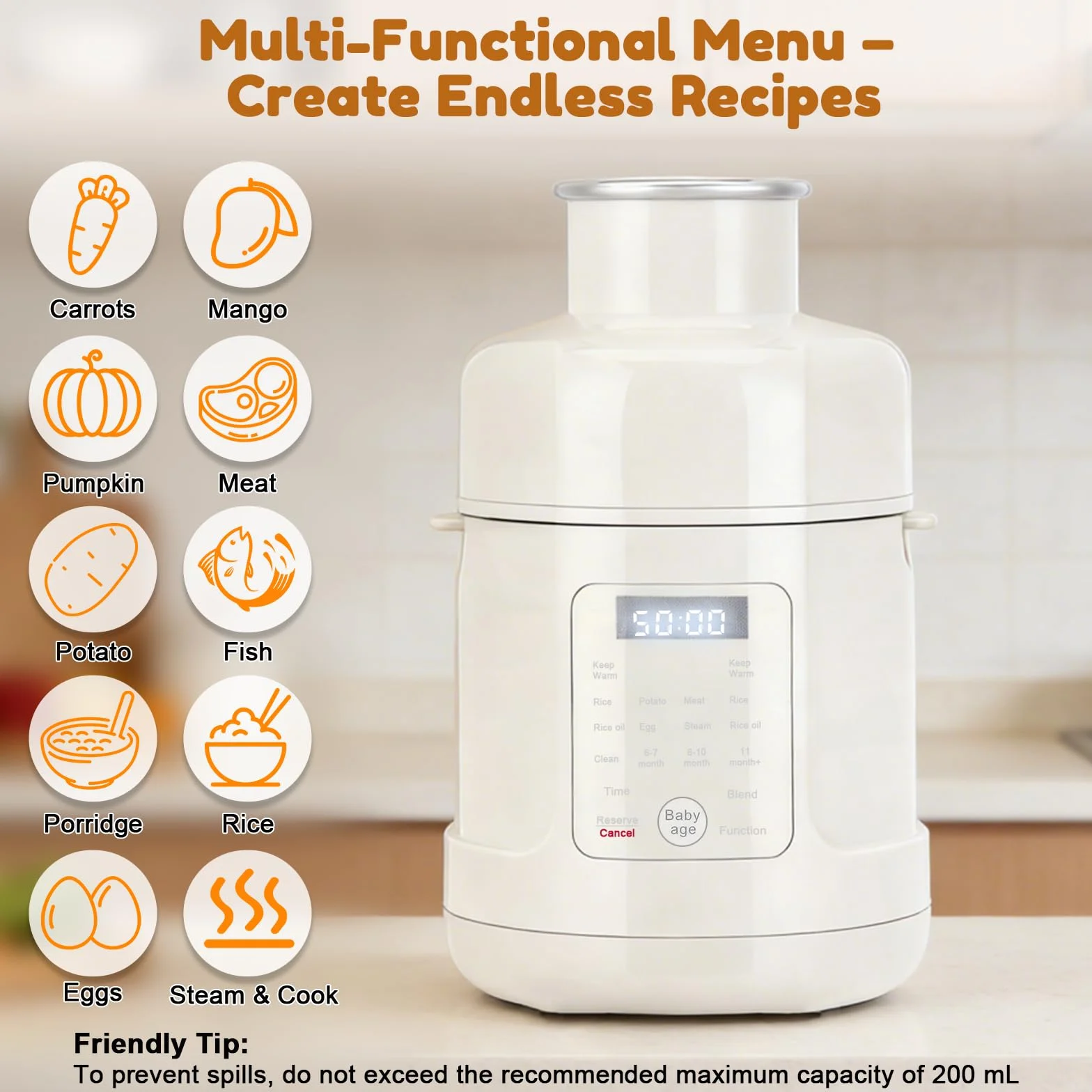 Robot cuiseur mixeur bébé 500W Tout-en-un acier inoxydable écran tactile auto-nettoyage