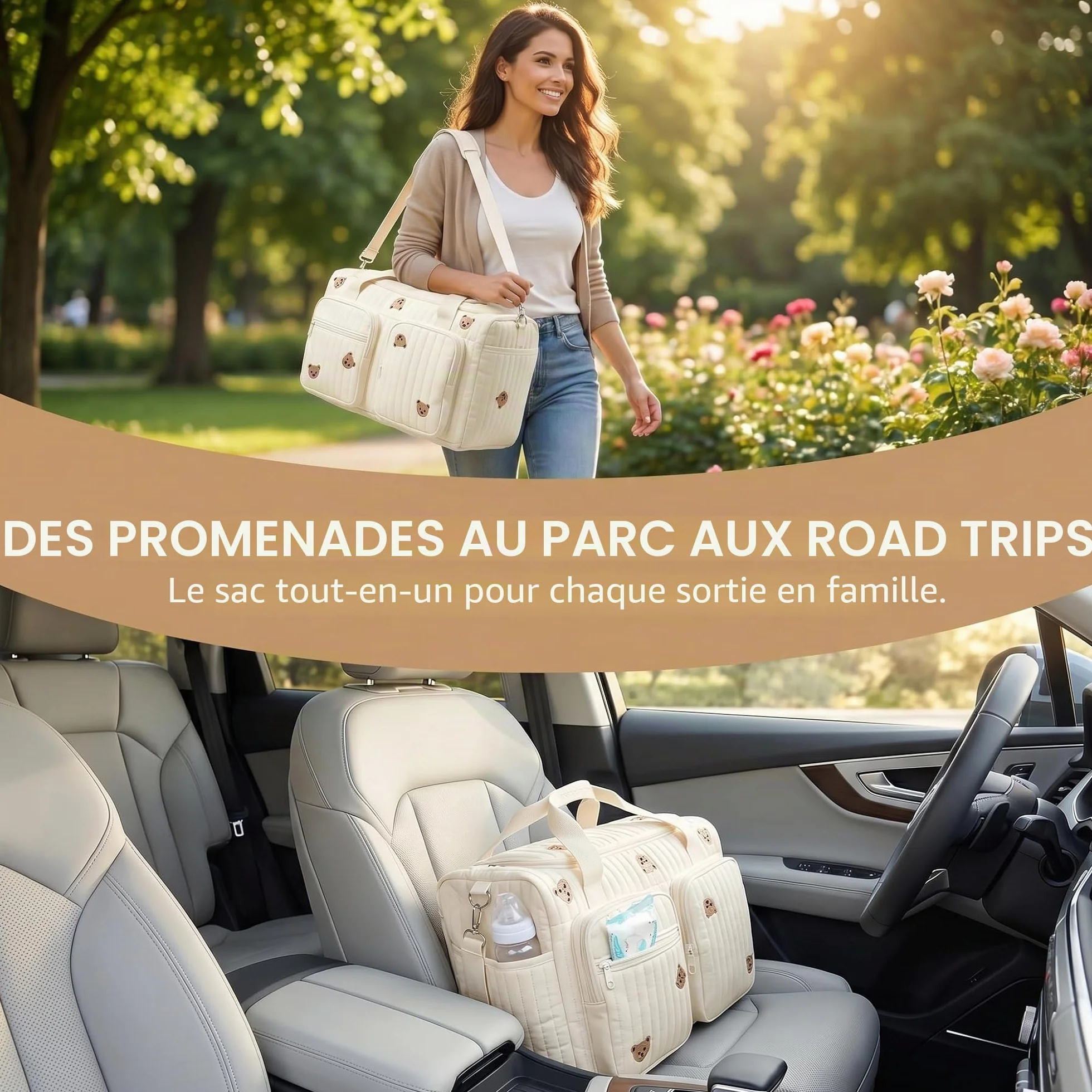 Sac à Langer Bebe Bandoulière 48x26x22cm, Sac de Maternité Multi Poches, Sac de Voyage Femme avec Ceinture Ajustable