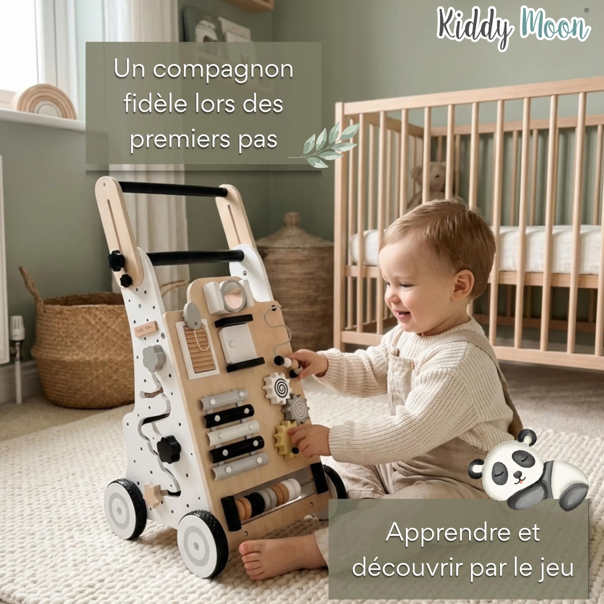 KiddyMoon Trotteur Tableau D'Activité Bois Chariot Marche Bébé Multifonctionnel WK-001 Noir-Blanc