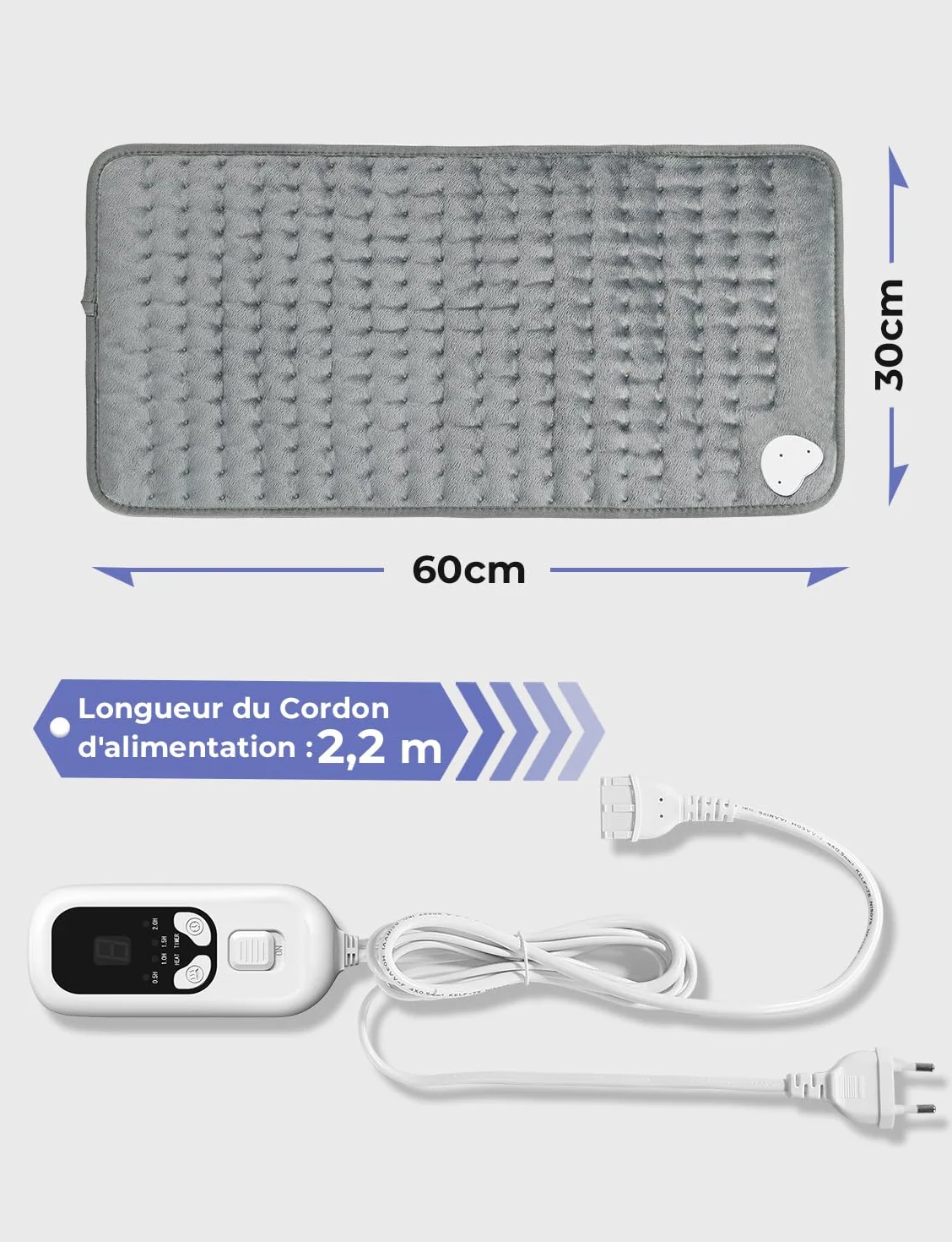 Coussin Chauffant Électrique Dos Épaules Abdomen 6 Niveaux Température 4 Réglages Minuterie Chauffage Rapide Arrêt Automatique Lavable Machine Gris Clair 60 x 30cm
