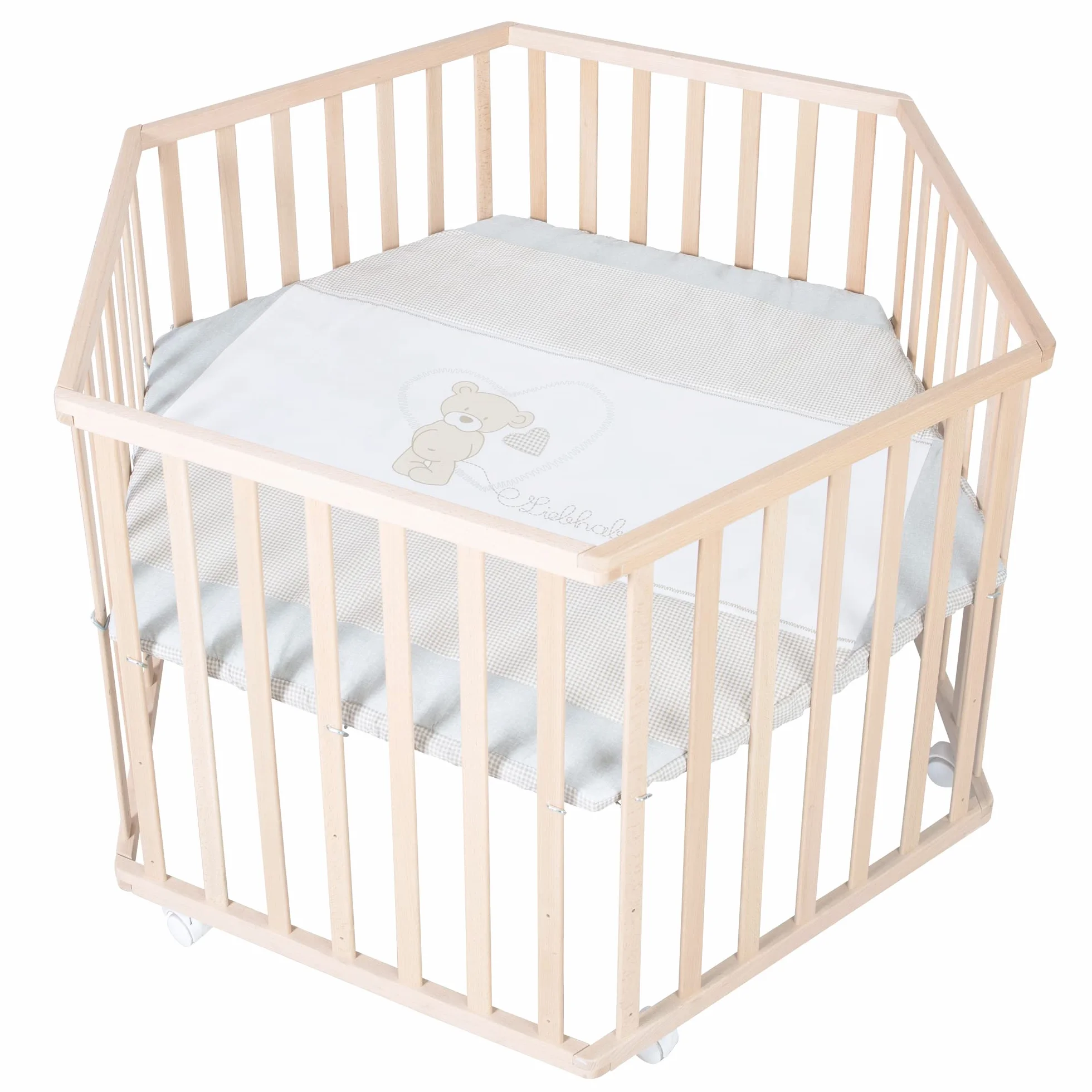 Parc Bébé Hexagonal en Bois Liebhabear avec Tapis et Roues Freins Blanc