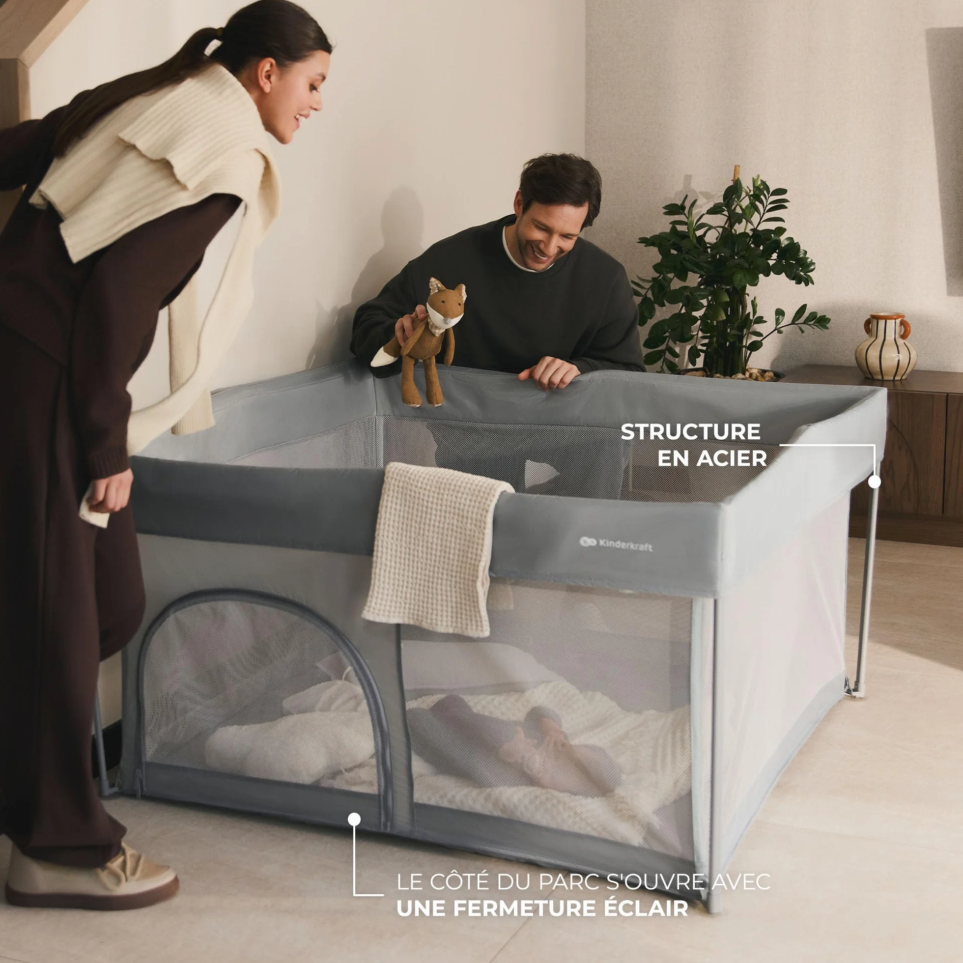 Kinderkraft ZIKI Parc bébé pliable, jusqu'à 4 ans, cadre acier, gris