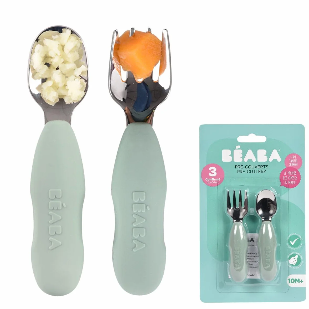 BÉABA Couverts bébé acier inoxydable silicone lot de 2 ergonomique apprentissage vert sauge