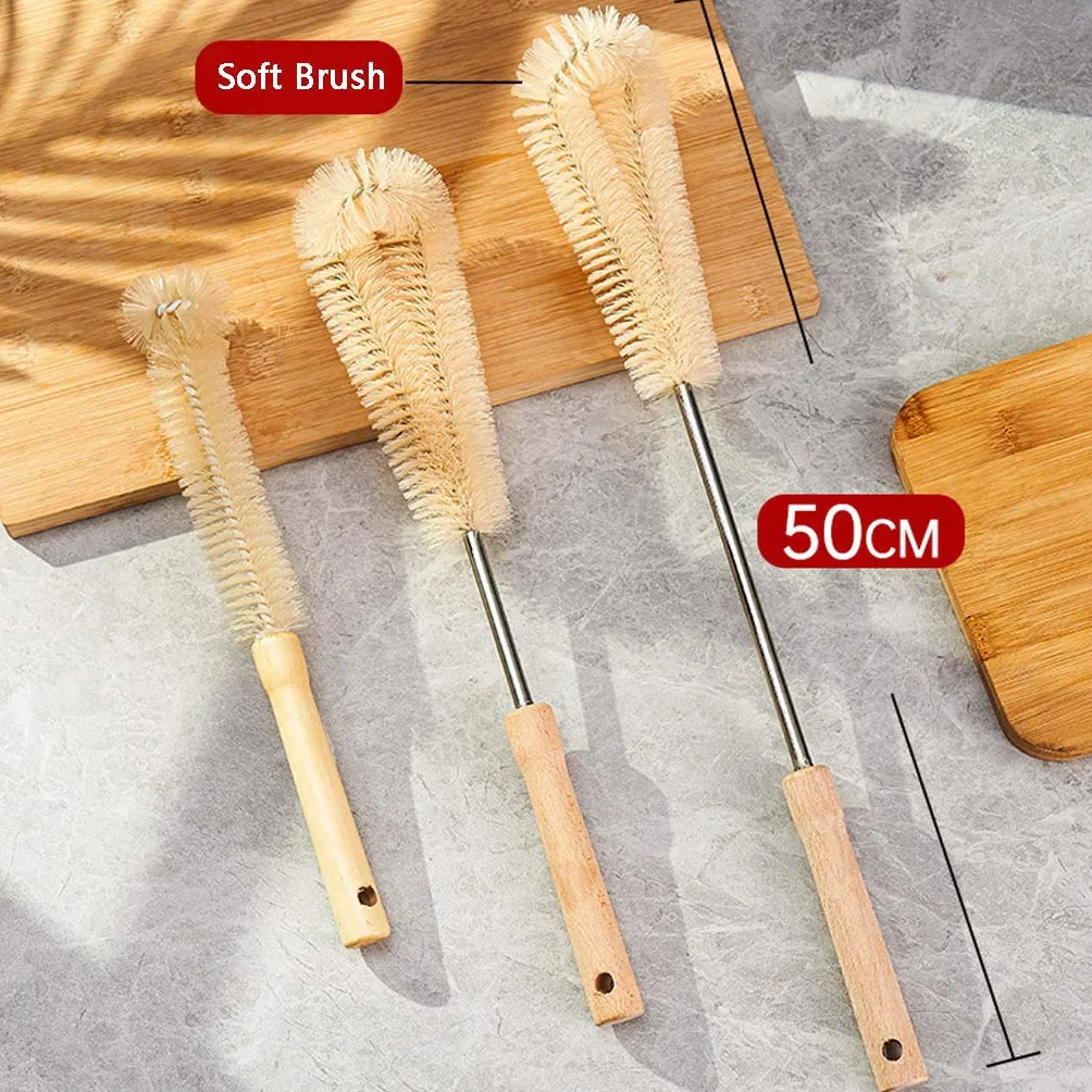 Brosse à biberon en forme de L, Brosse de nettoyage cuisine avec poignée en bois, Tasse café thé verre