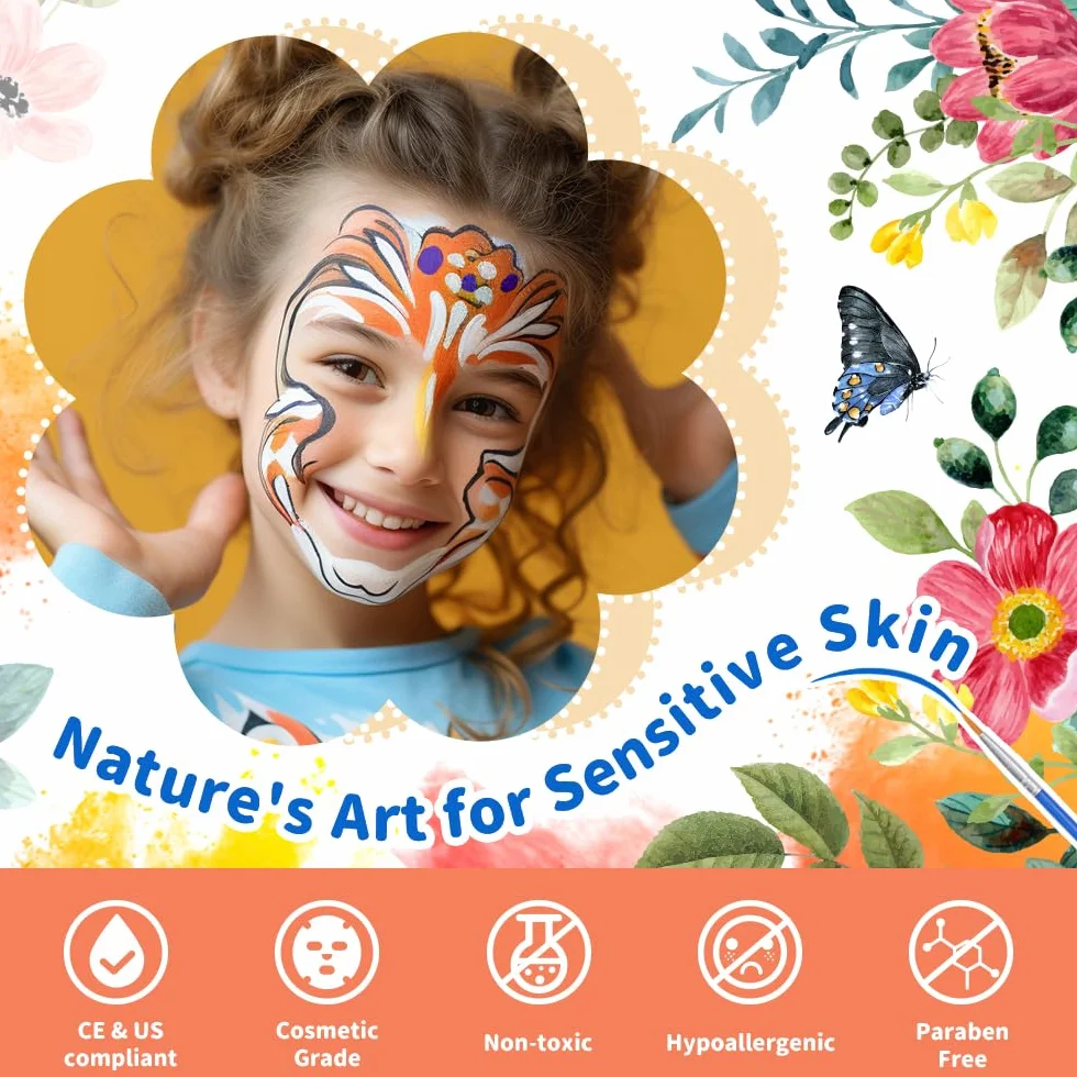 Janolia Palette Maquillage Enfant 20 Couleurs Peinture Visage avec 2 Pinceaux 60 Pochoirs Kit Maquillage Carnaval Halloween