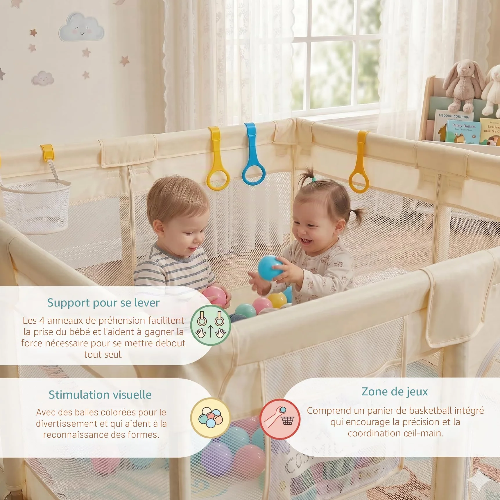 Buddy Baby Park Parc Enfant Bébé 120x120cm Pliable avec Maille Respirante Porte Latérale Vanille