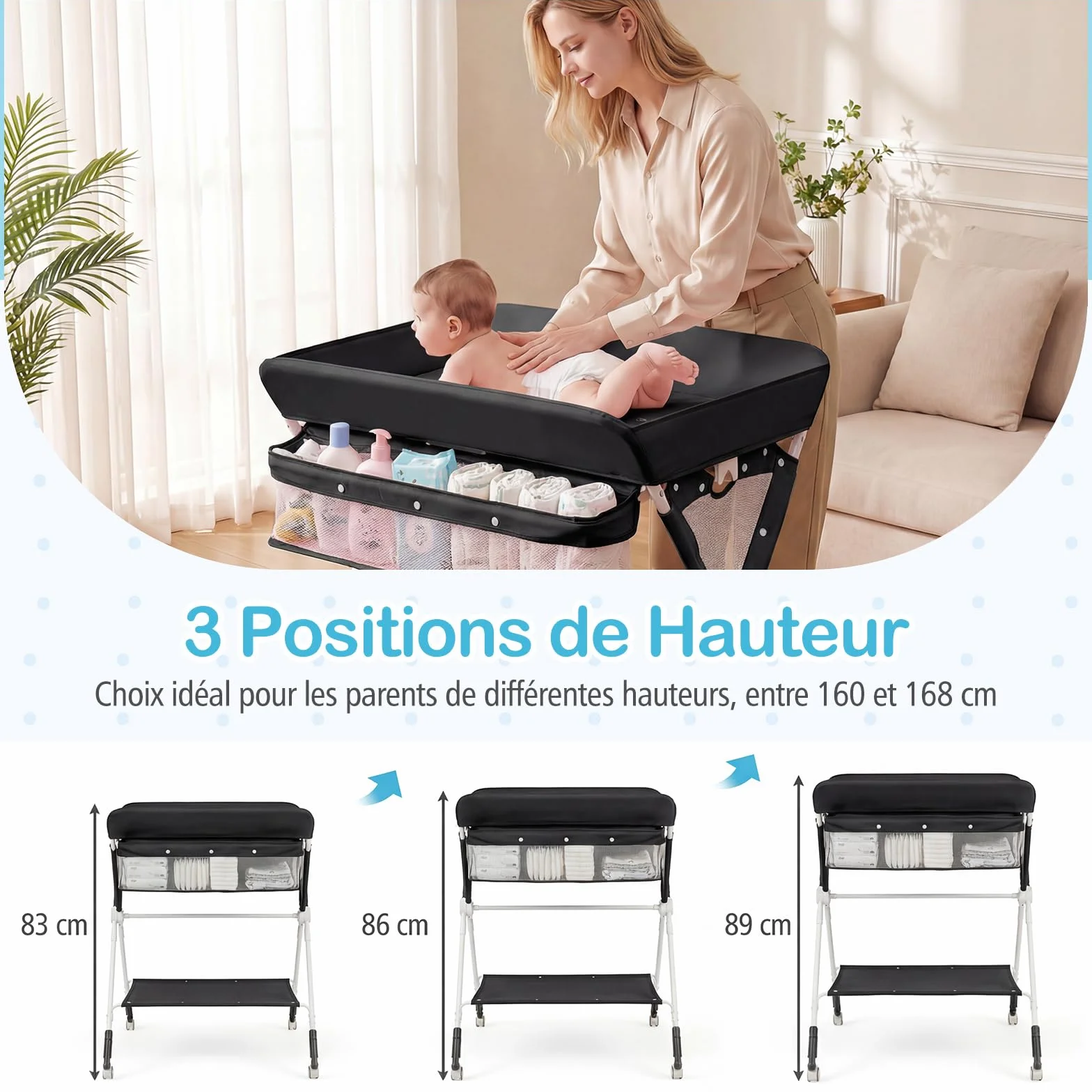 COSTWAY Table à Langer Pliante Bébé Réglable Hauteur 3 Niveaux Roulettes Étagère Panier Organiseur Mobile Noir