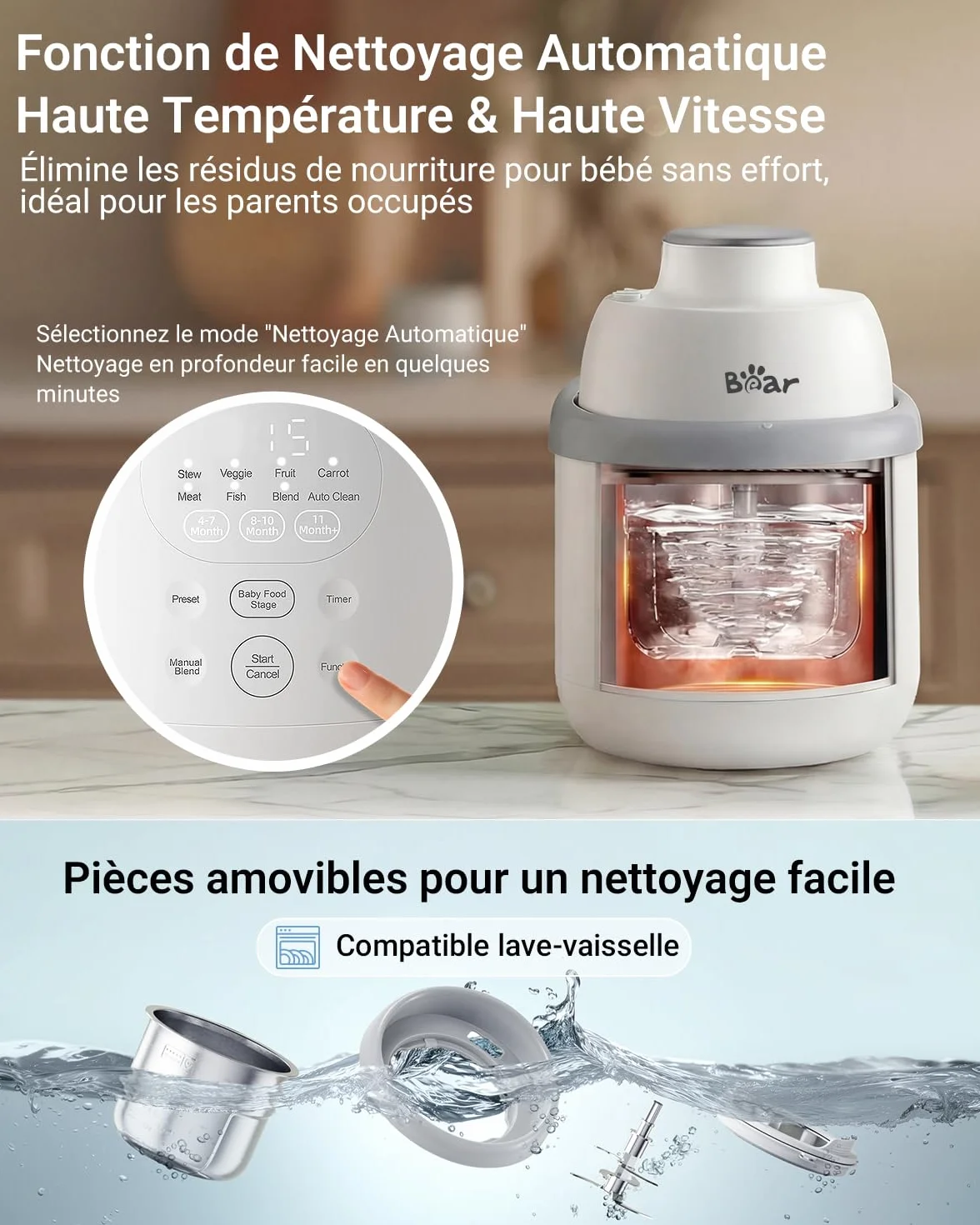 Bear NutriEase AllStage Robot Cuiseur Bébé Multifonctions 10 en 1 Acier Inoxydable, Cuiseur Vapeur Mixeur OneStep, Sans BPA