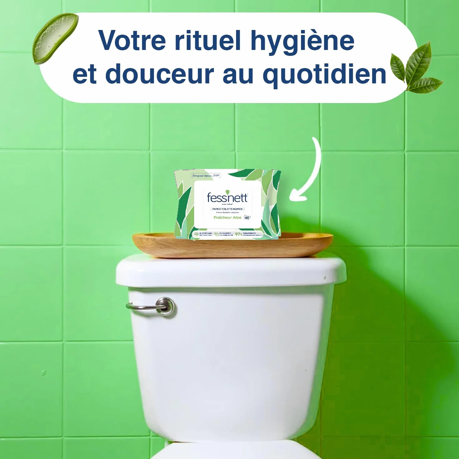 Papier Toilette Humidifié Vert Aloe 40 Feuilles 100% Fibres Végétales PH Neutre Sans Parfum