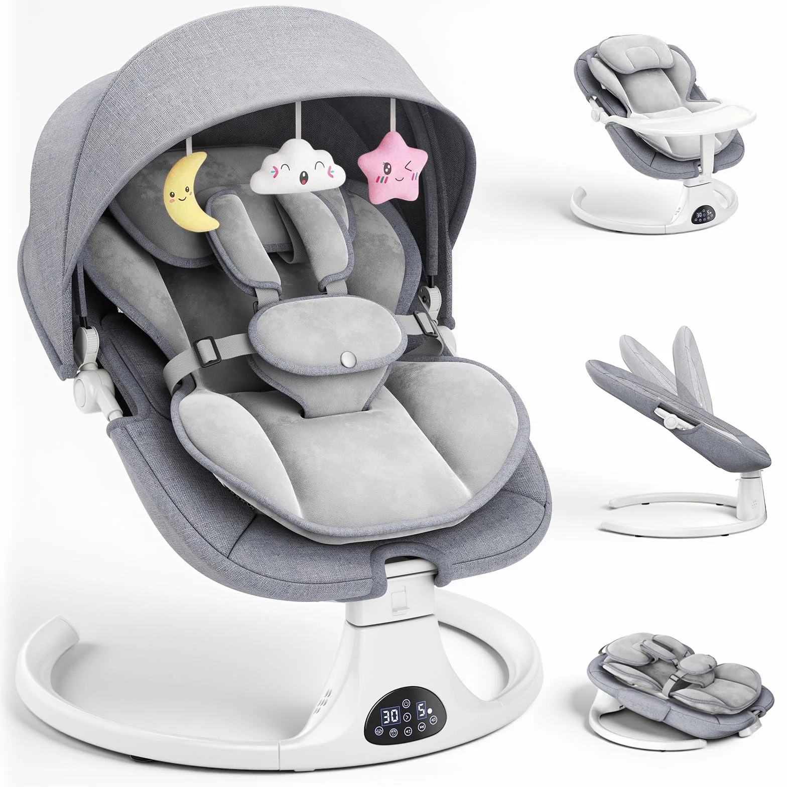 Balancelle Bébé Électrique Réglable avec Coussin Amovible, 5 Vitesses, 12 Mélodies, 3 Minuteries, Gris
