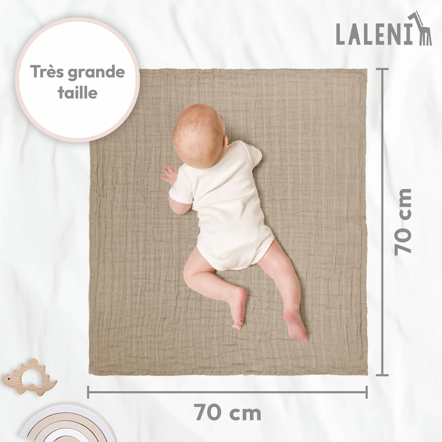 Laleni Lot de 5 langes bébé en pur coton 70x70 cm - Serviettes mousseline absorbantes lavables Beige
