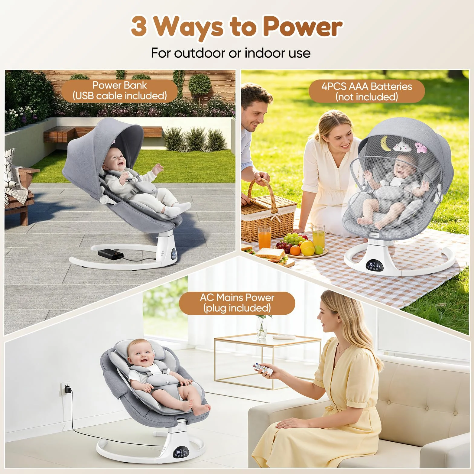 Balancelle Bébé Électrique avec Harnais 5 Points, 5 Modes Balancement, Minuterie 3 Niveaux, Télécommande, Musique, Gris