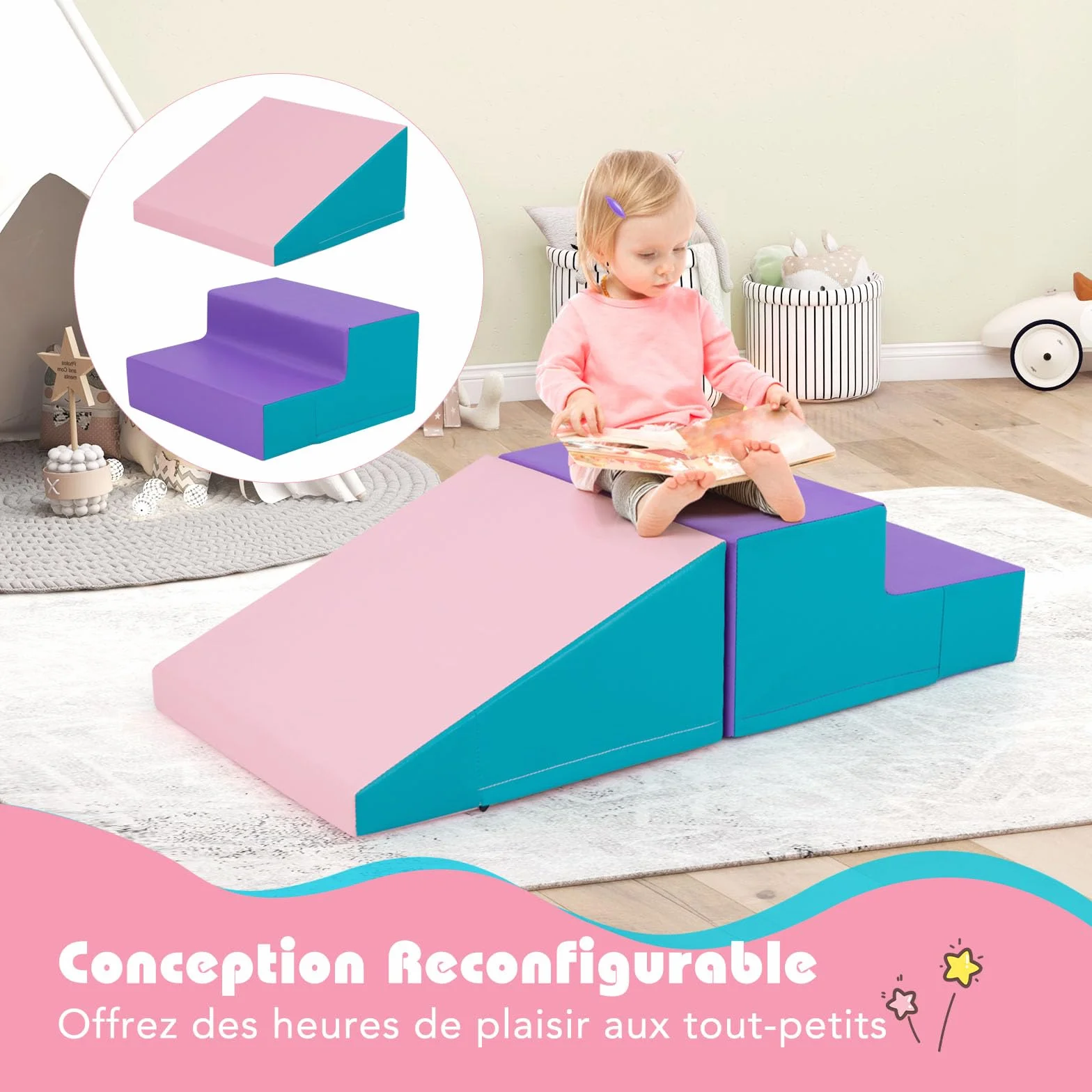 COSTWAY Parcours Motricité Bébé en Mousse avec Housse Amovible en PU, Module avec Marche & Toboggan, Jouets Éducatifs pour Ramper Grimper Enfant