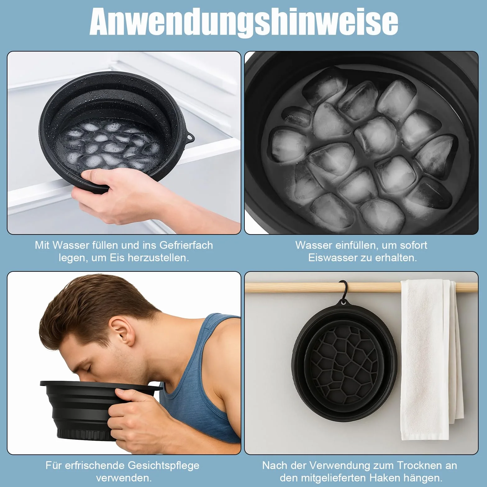 Bol de bain à glace pour le visage en silicone pliable - Lavabo de refroidissement rapide, réduction des gonflements