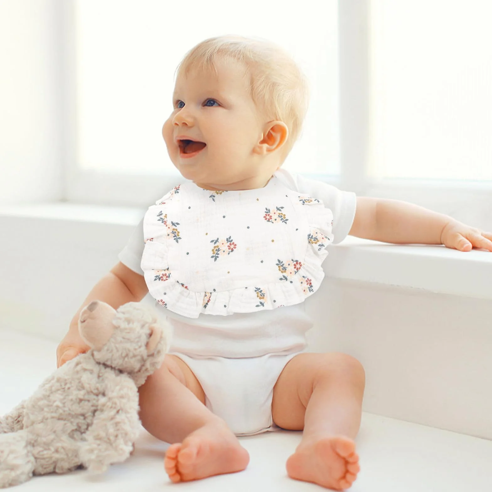 Bavoirs en Coton pour Bébé Bordure Volantée, Confortables et Réutilisables, 6 Pièces