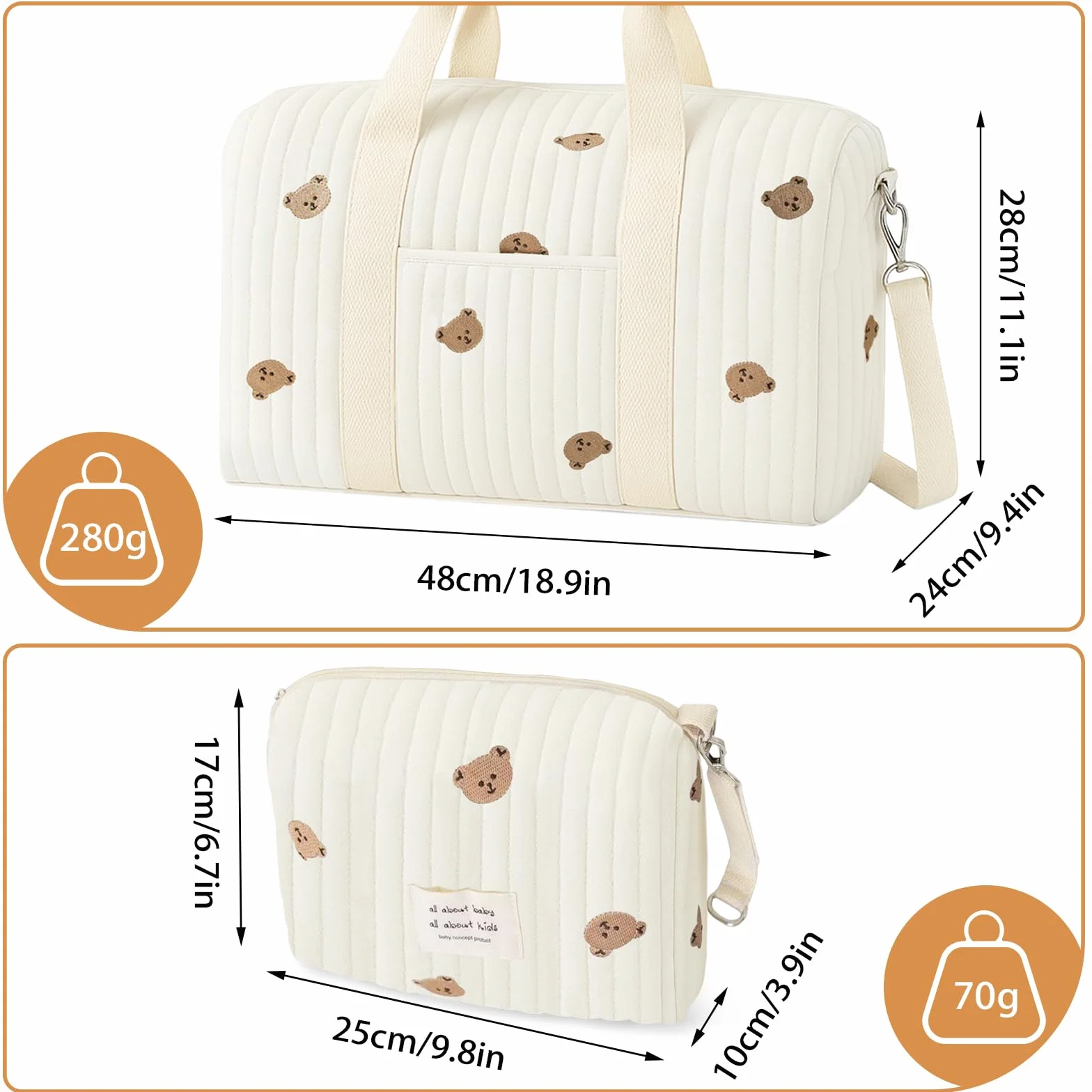 Mommy Bag Sac à Langer Matelassé Grande, Coton Brodé pour Bébé Voyage