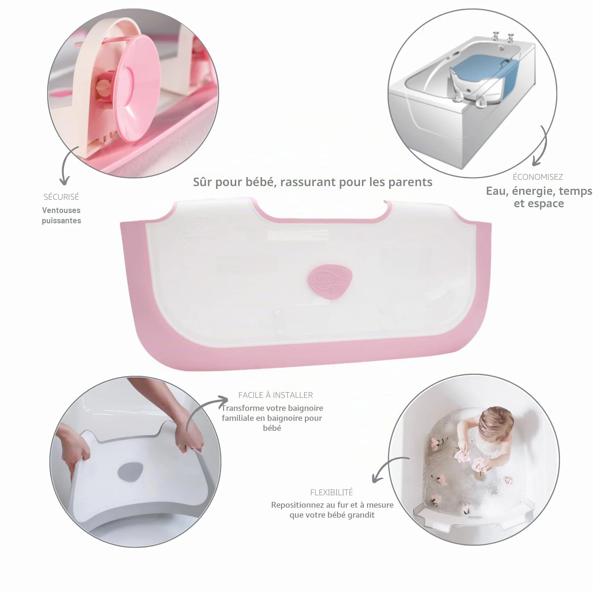 BABYDAM Réducteur de Baignoire Bébé Blanc Rose