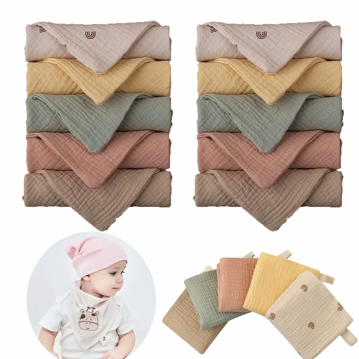 Débarbouillettes Bébé en Mousseline 23x23cm Gants de Toilette Serviettes Visage Nouveau-né
