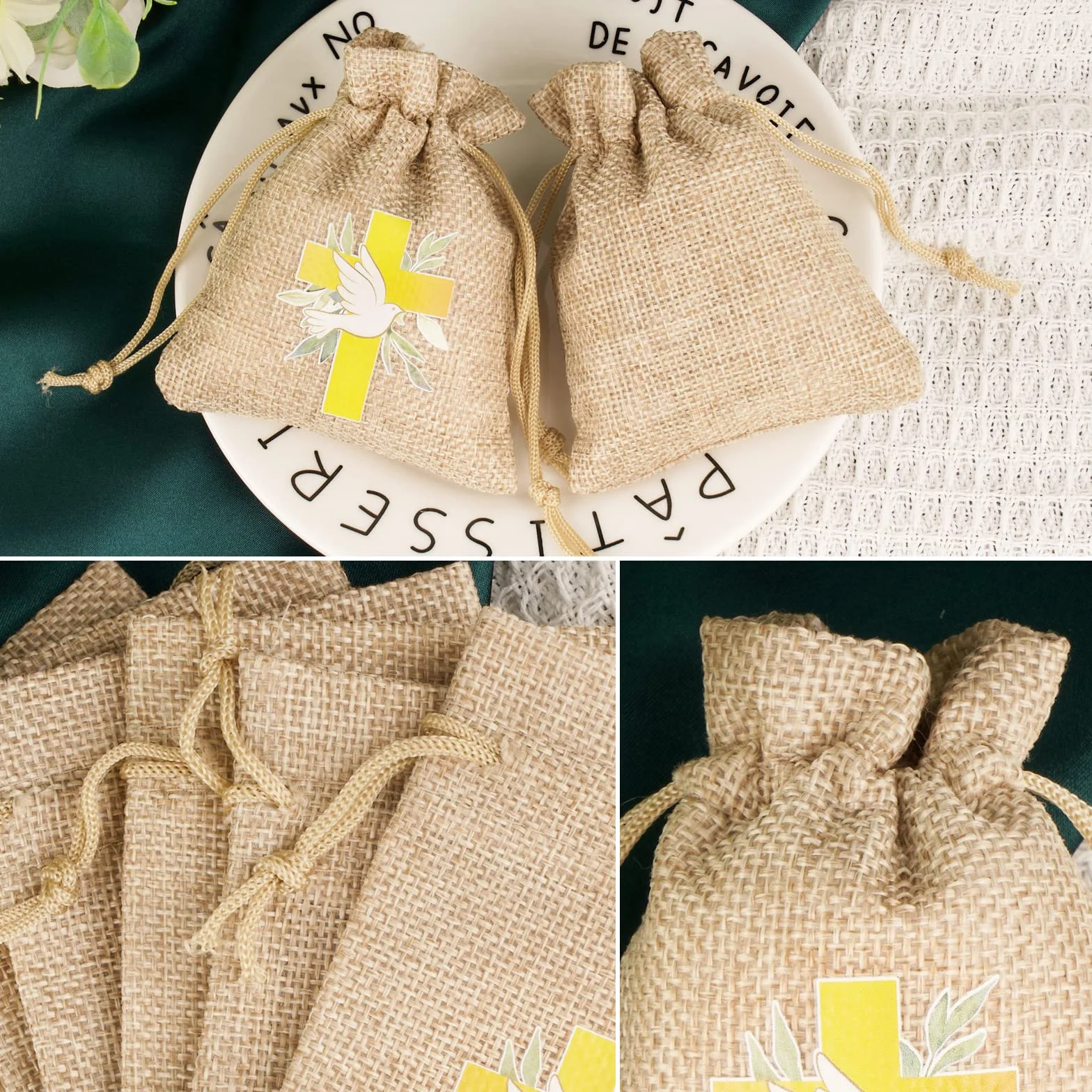 BETESSIN 24pcs Sachet Dragée Jute Pochette Communion Baptême 8x10cm Toile Chanvre Confirmation Sac Poche Bijoux Bonbon Chocolat Cadeau Perle Faveur Décoration Fête Communion