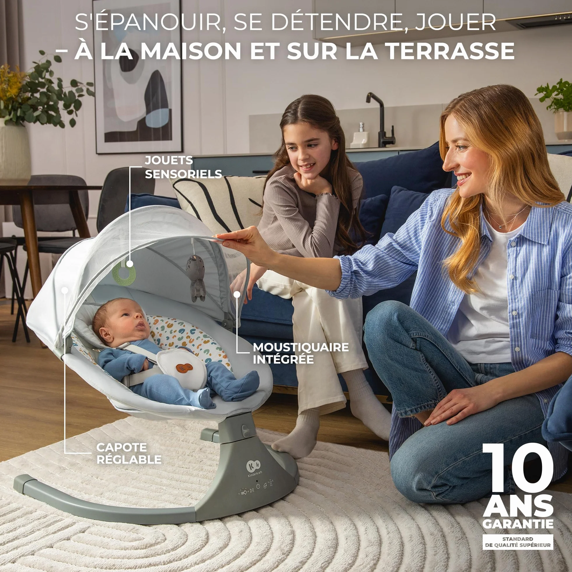 Kinderkraft LUMI 2 Transat bébé Balancelle électrique Naissance à 9 Mois Réglable hauteur 5 modes balancement 12 mélodies Arche jouets Gris foncé