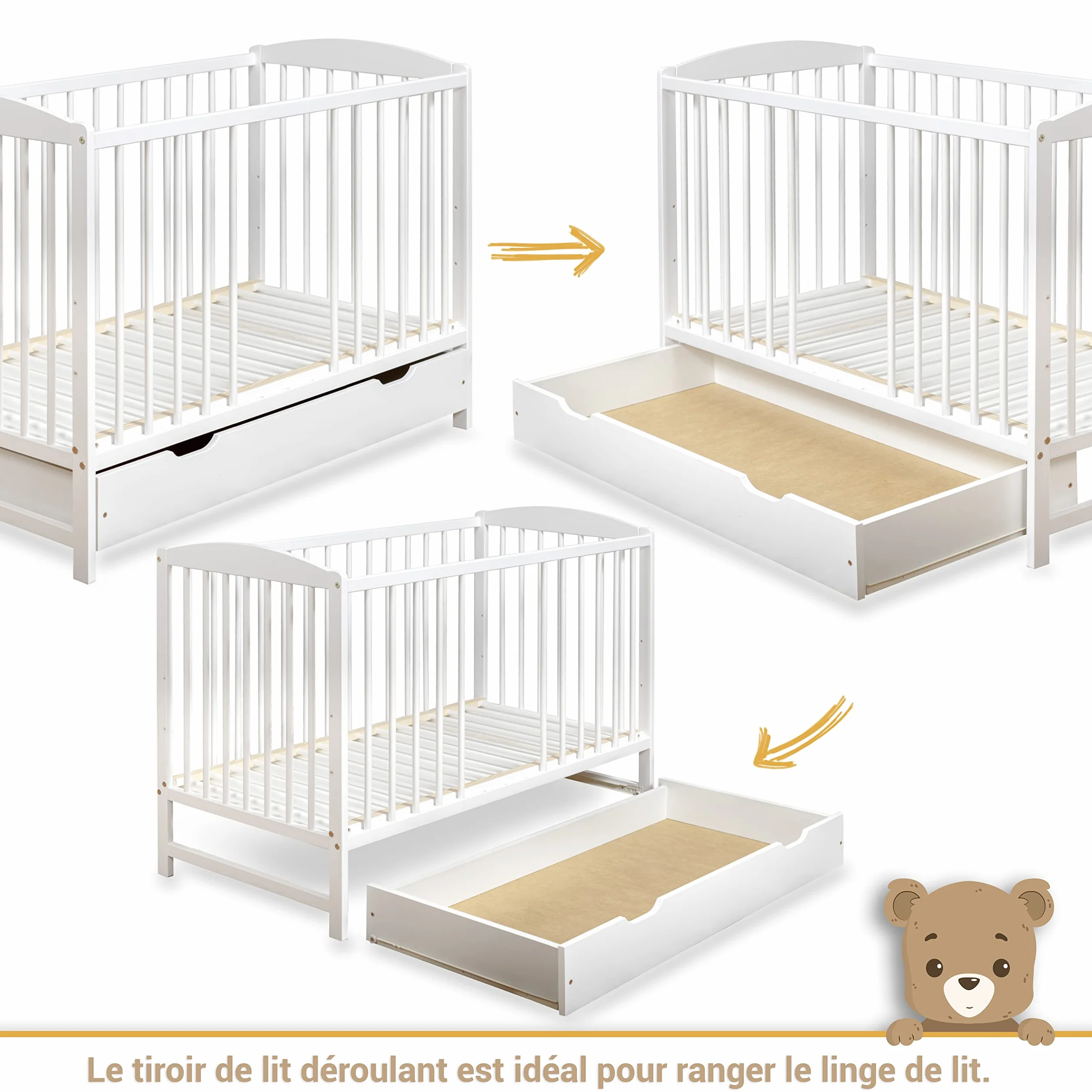 Lit Bébé 60x120 cm avec Tiroir – Lit en Bois Réglable en Hauteur, Transformable en Lit Enfant Blanc
