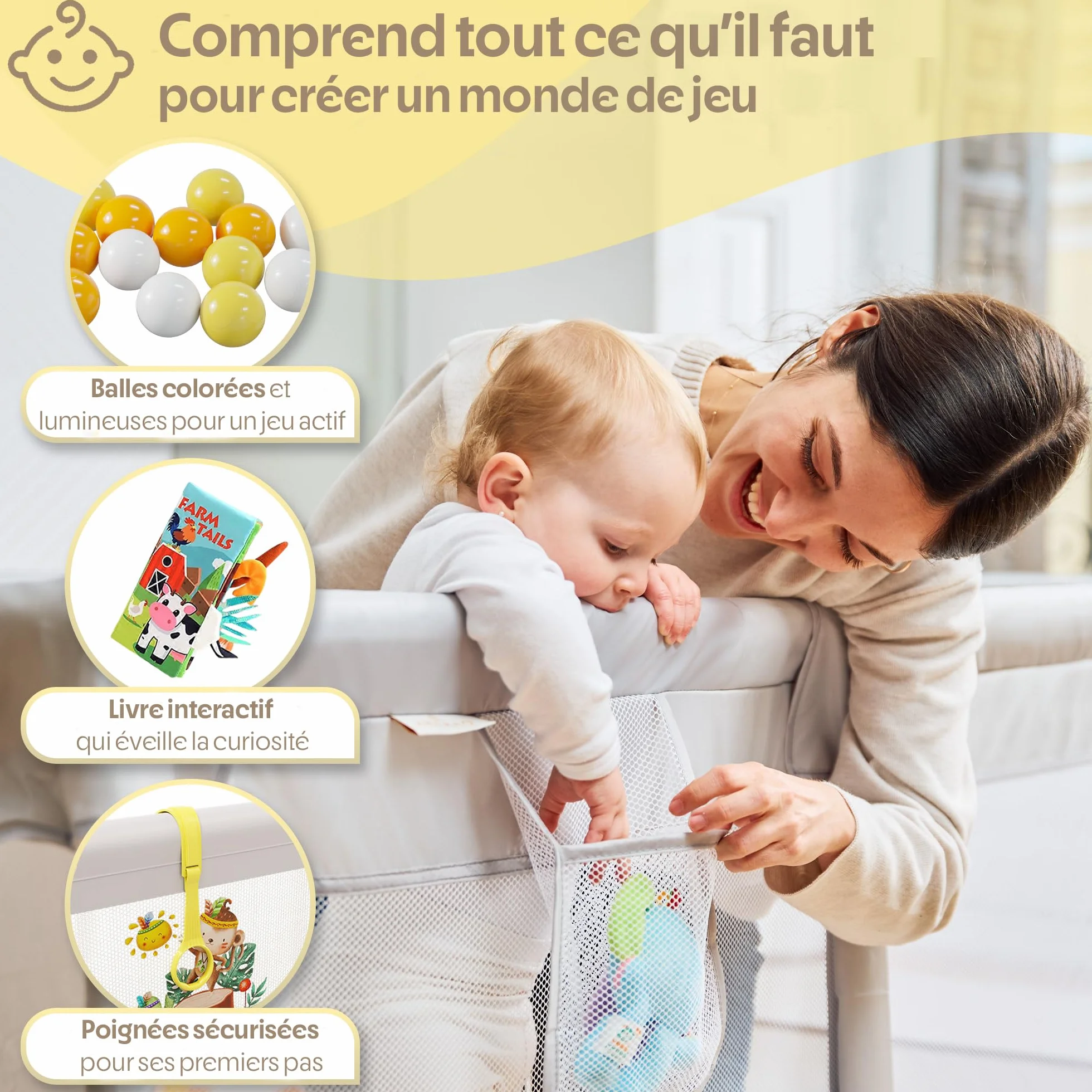 Parc Bébé 150x150cm avec Illustrations, Parc de Jeux Rembourré avec Tapis Réversible, Livre Sensoriel, Balles Colorées et Anneaux d’Appui