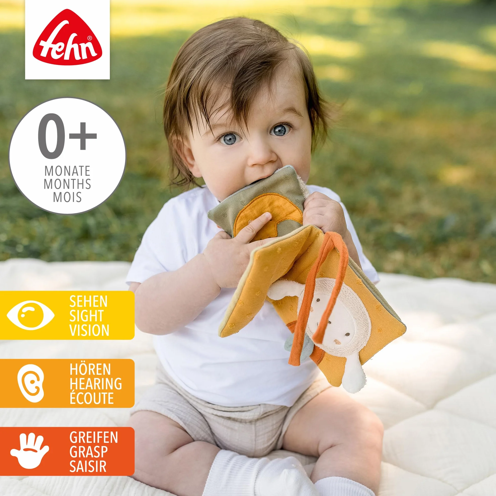 Fehn livre tactile mouton NATUR - Livre en tissu pour poussette avec couineur, papier bruissant et miroir