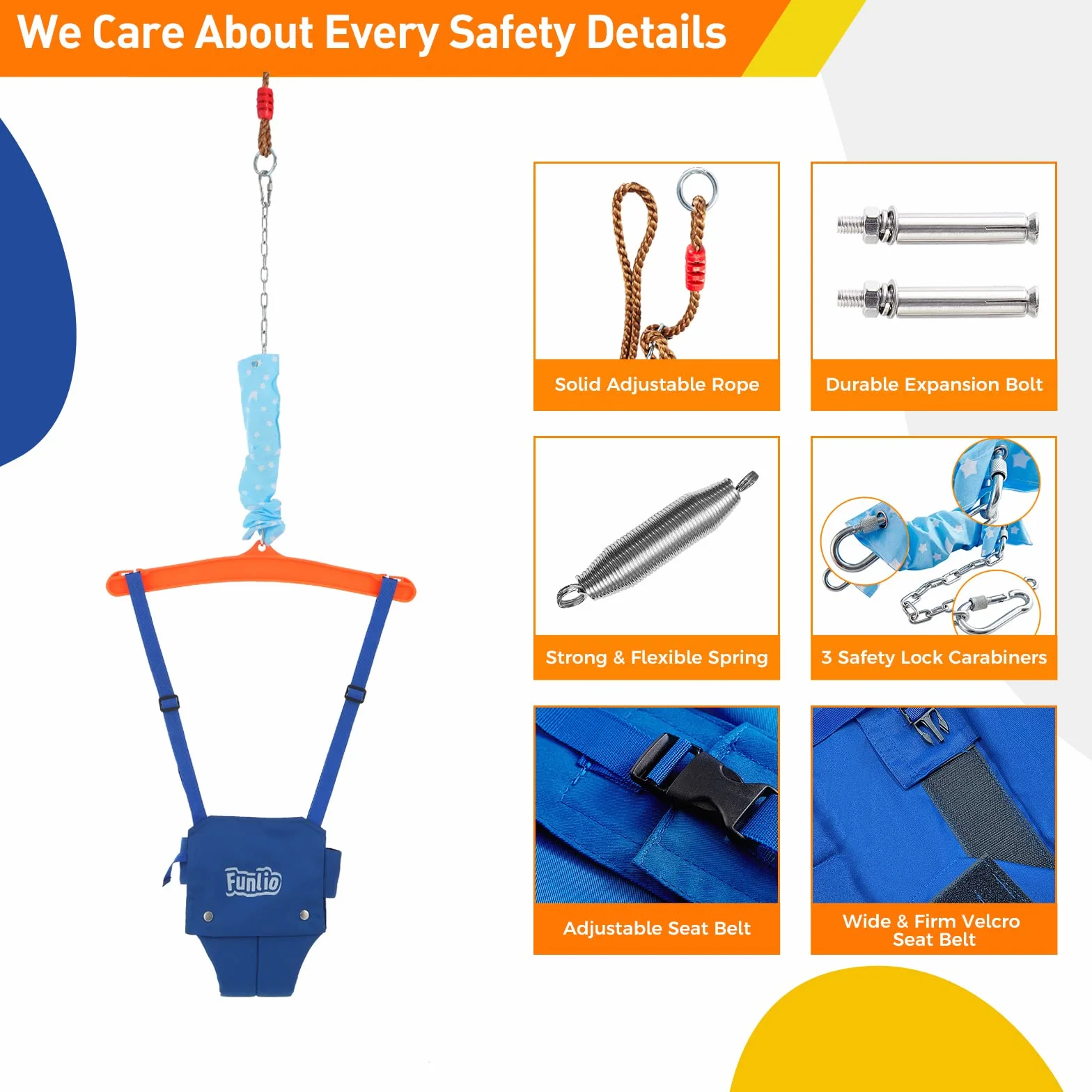 FUNLIO Baby Jumper with Ceiling Hook for 6-24 Months, Indoor/Outdoor Door Jumper, Adjustable Chain