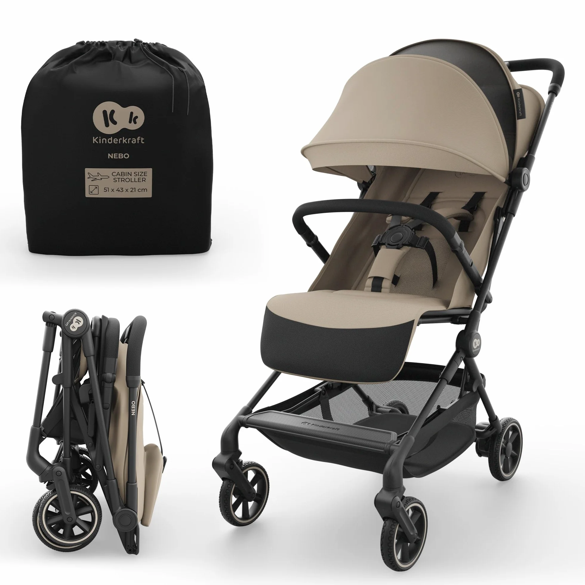Kinderkraft NEBO poussette cabine ultralégère pliage une main 51×43×21 cm Beige