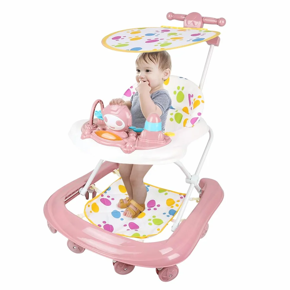 Trotteur Bébé 2en1 Hauteur Réglable avec Musique, 8 Roues, Auvent, 62x68x36-81cm Rose