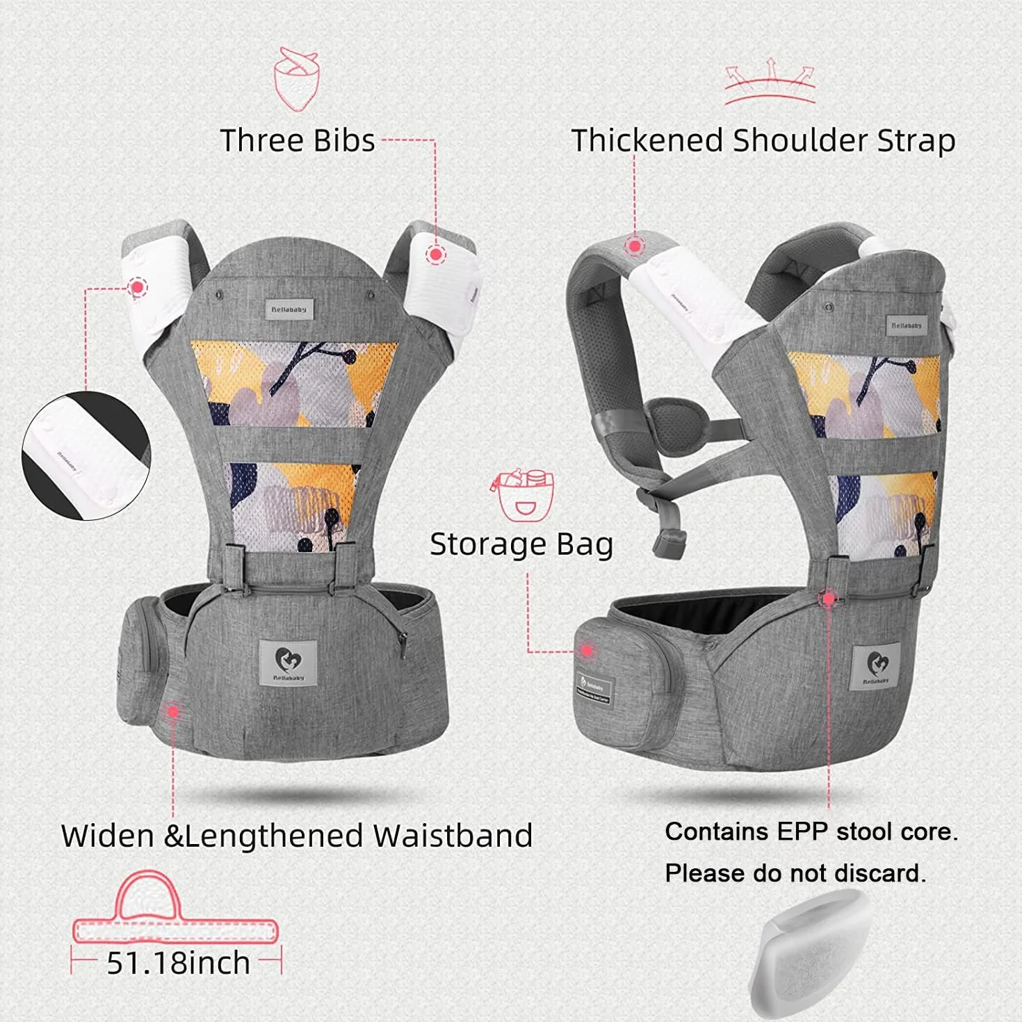 Bellababy Porte Bébé Siège de Hanche Multifonction 6 en 1 pour 3-36 Mois Taille Réglable
