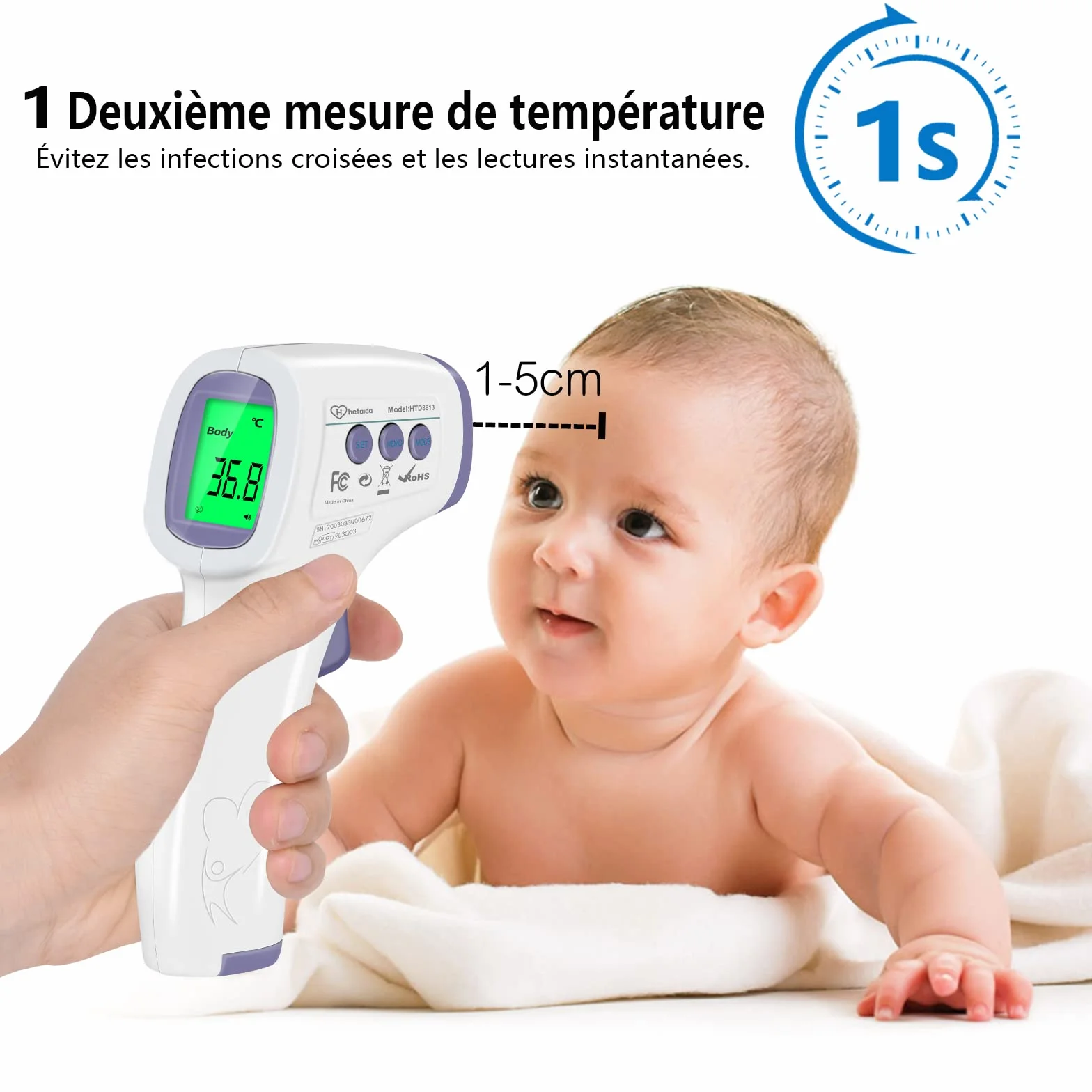 Thermomètre Frontal Infrarouge sans Contact Adulte Enfant, Écran LCD, Fonction Mémoire, Alerte Fièvre