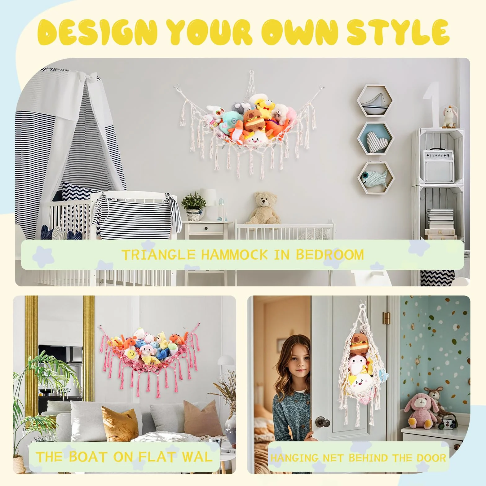 Hamac Rangement Peluches Filet d'Angle Lot 2 Filet Coton Épais Tissé Main Décoration Murale Chambre Enfants Rose