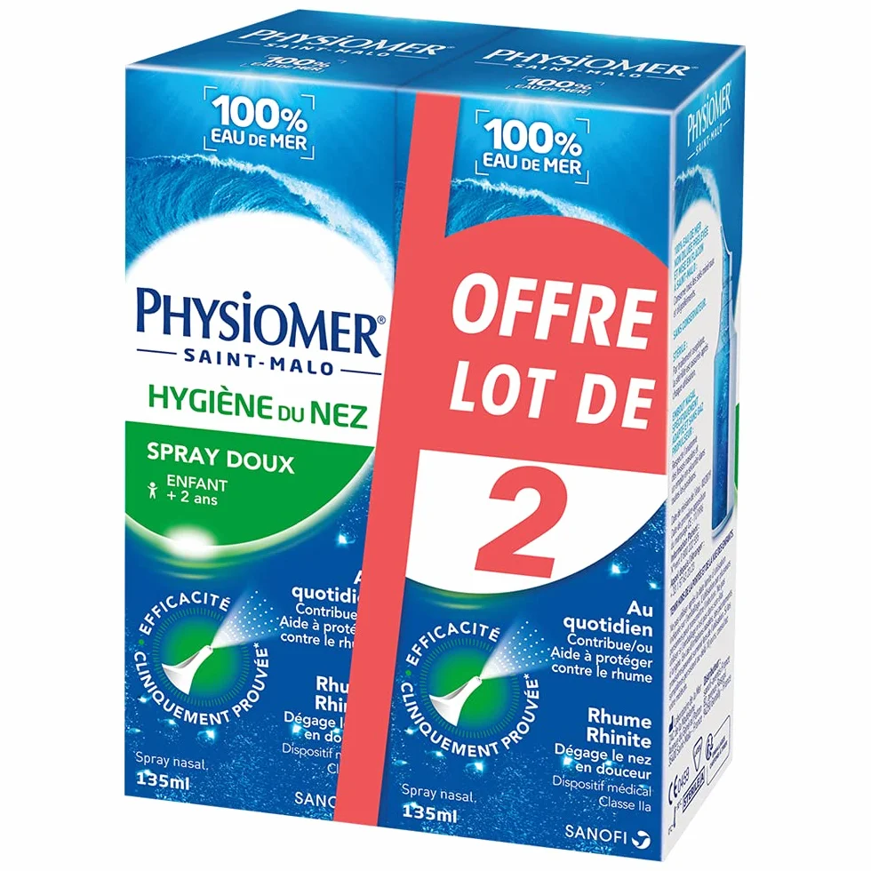 Physiomer Spray Doux Spray nasal 100% Eau de mer Dispositif médical Hygiène du nez Rhume et Rhinite Lot de 2x135ml