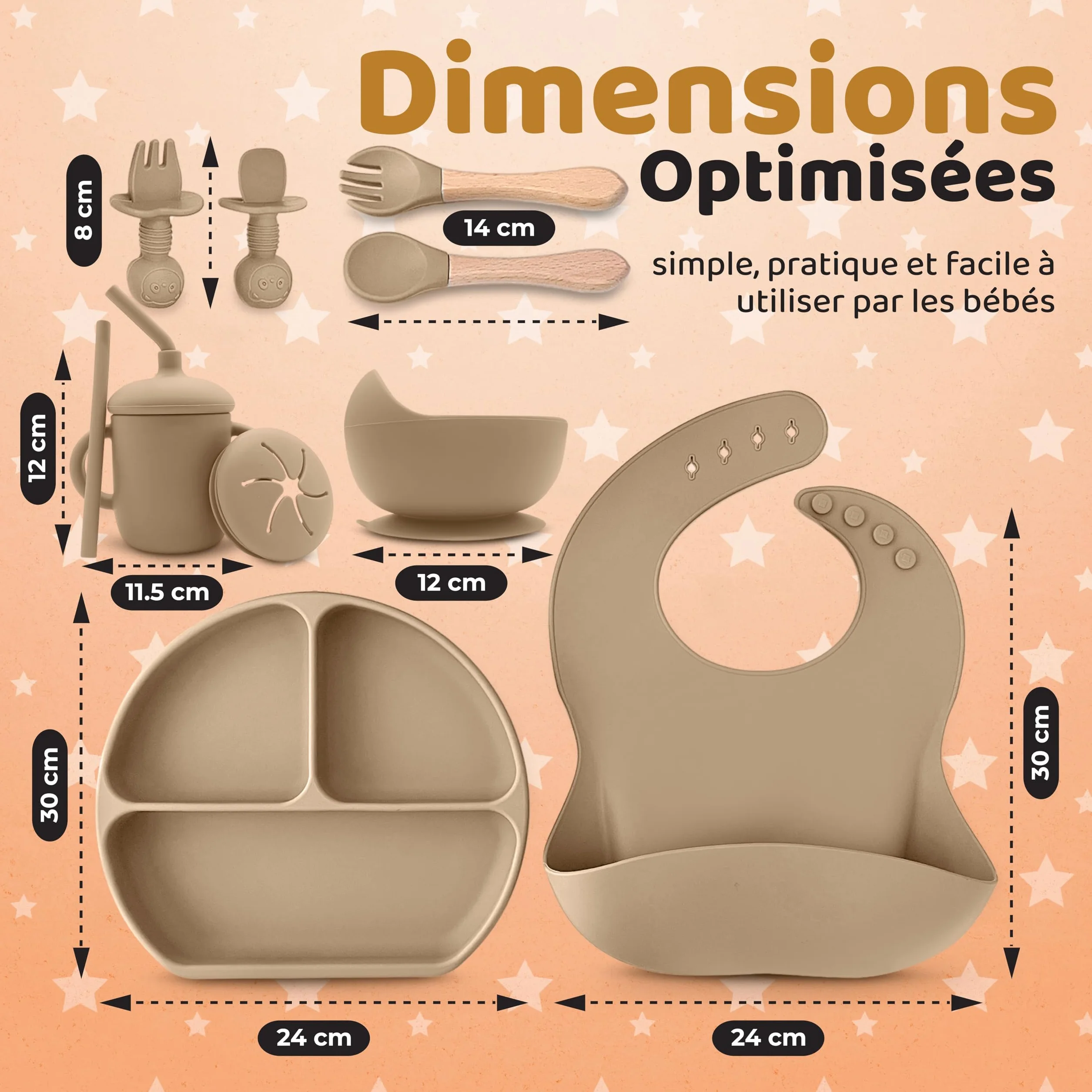 Coffret Repas Bébé Silicone Set Vaisselle 1er Âge Assiette Ventouse Cuillère Bavoir Tasse Sans BPA DME Bébé Beige