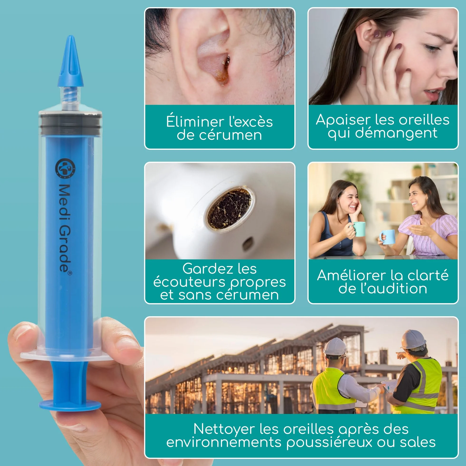 Medi Grade Kit Élimination Bouchon d'Oreille – Nettoyeur Oreille Sûr avec Seringue 60ml, 3 Bouts à Quadruple Jet
