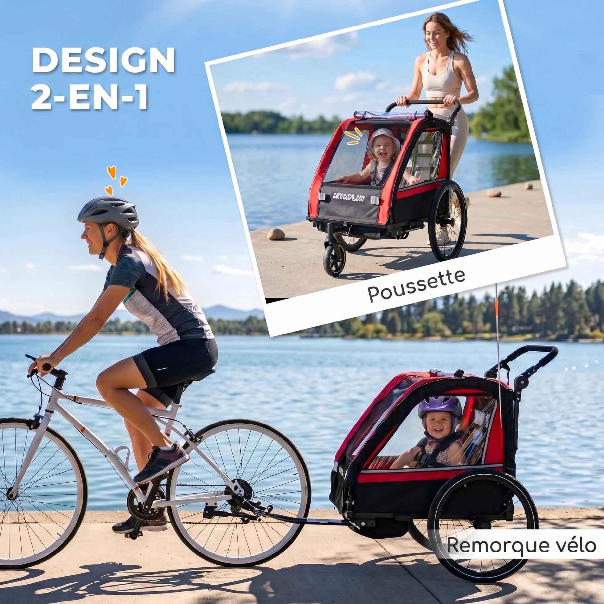 AIYAPLAY Remorque vélo Enfant 2 Places 2 en 1 Poussette bébé Guidon réglable Frein à Main Ceinture sécurité 5 Points attelage Universel 38 kg Rouge
